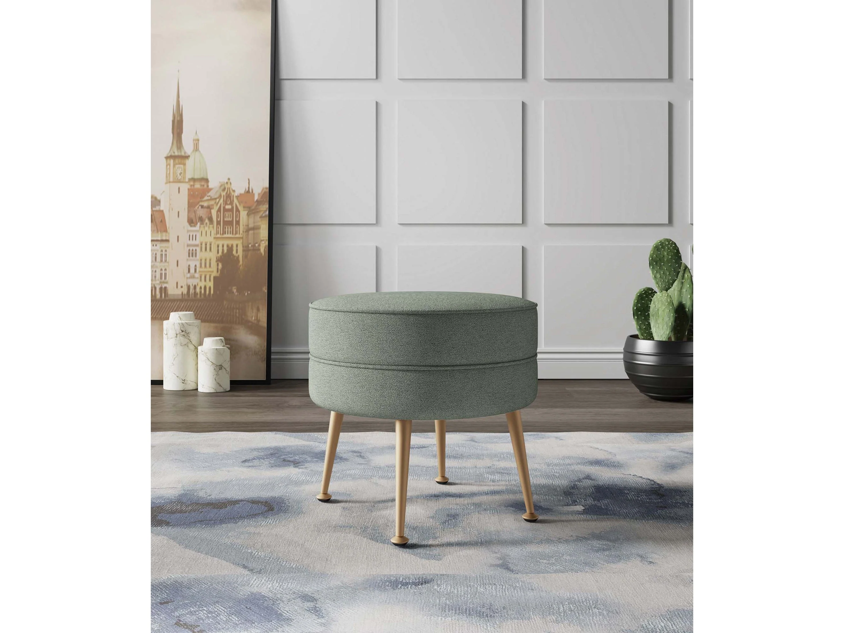 Bailey Ottoman in Sage Green with Gold Feet