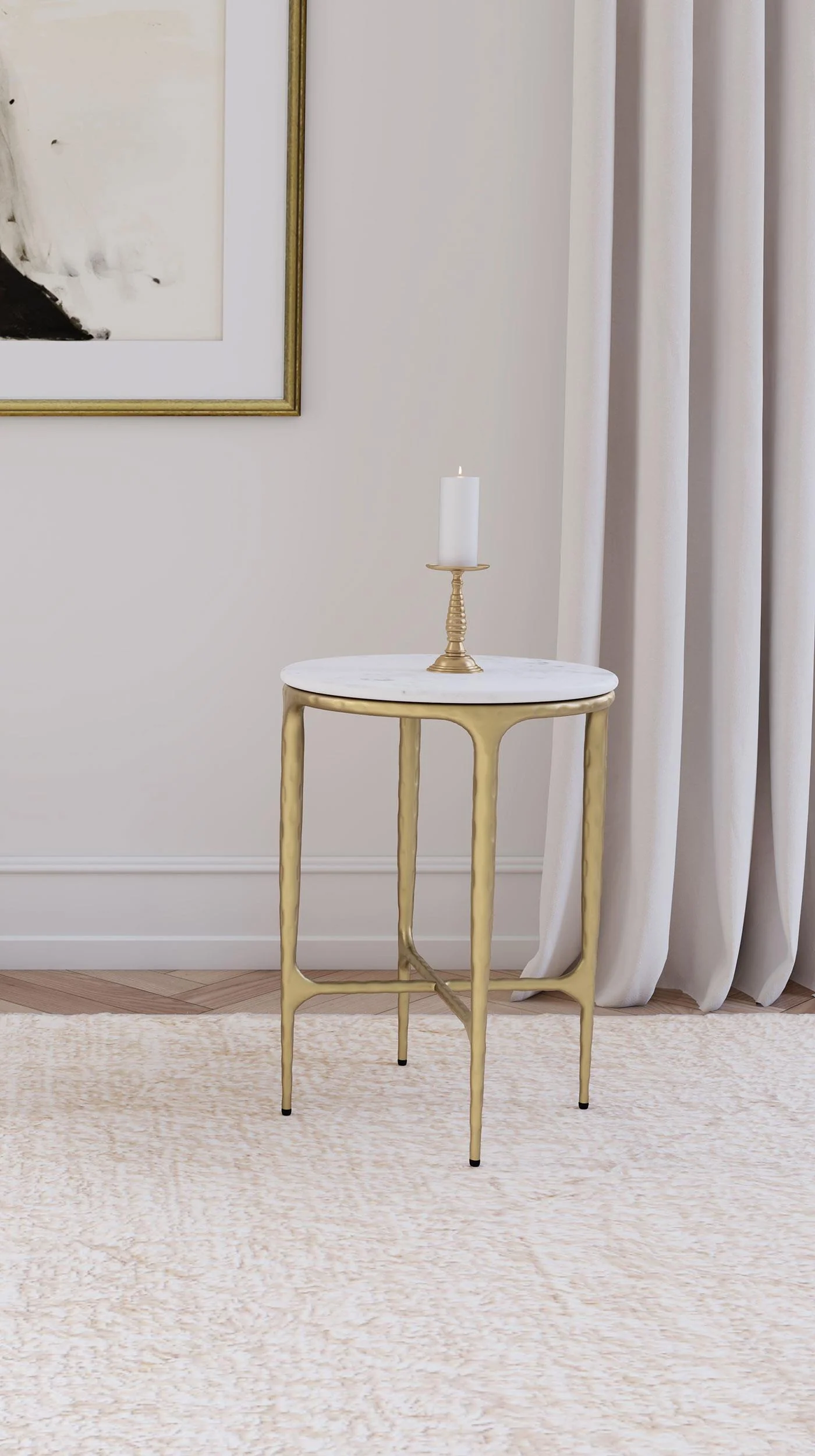 Baldwin White and Gold Round Marble Top Side Table