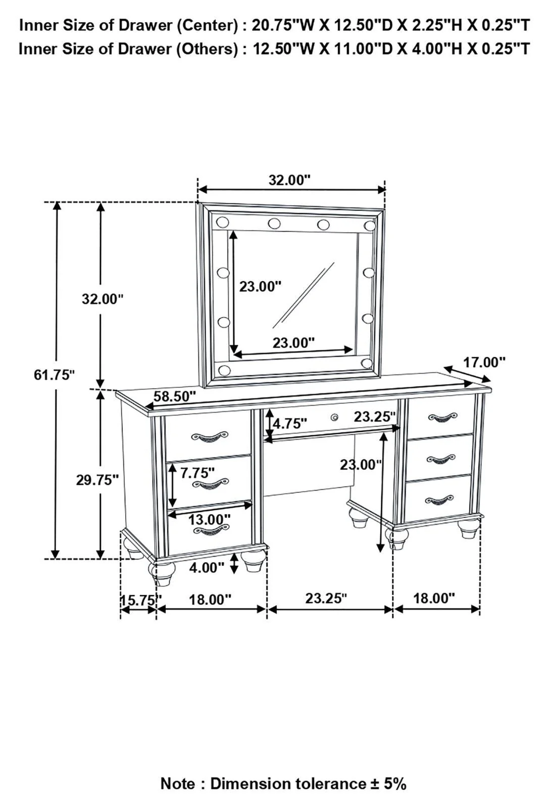 Barzini White 7-Drawer Vanity Desk with Lighted Mirror - Image 7