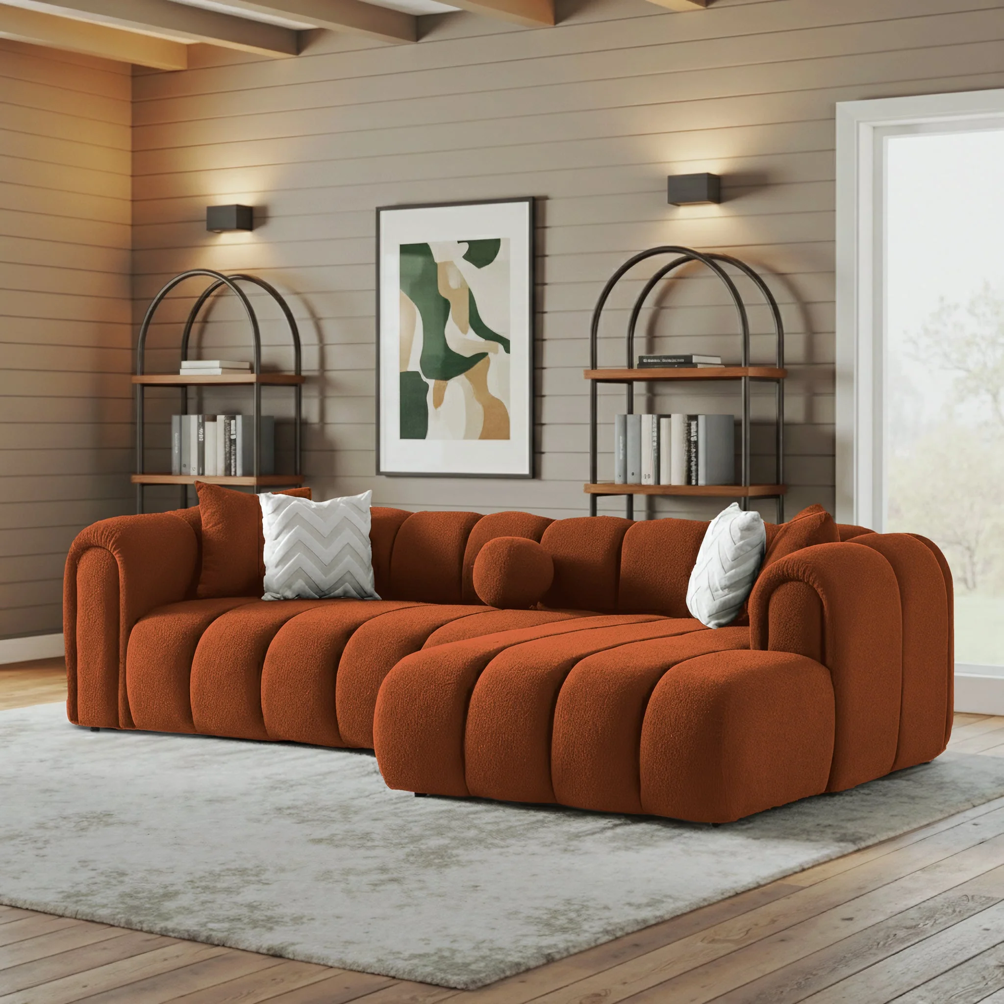 Beatrice Modern Tufted Burnt Orange Boucle Right-Facing Sectional Sofa - Image 3
