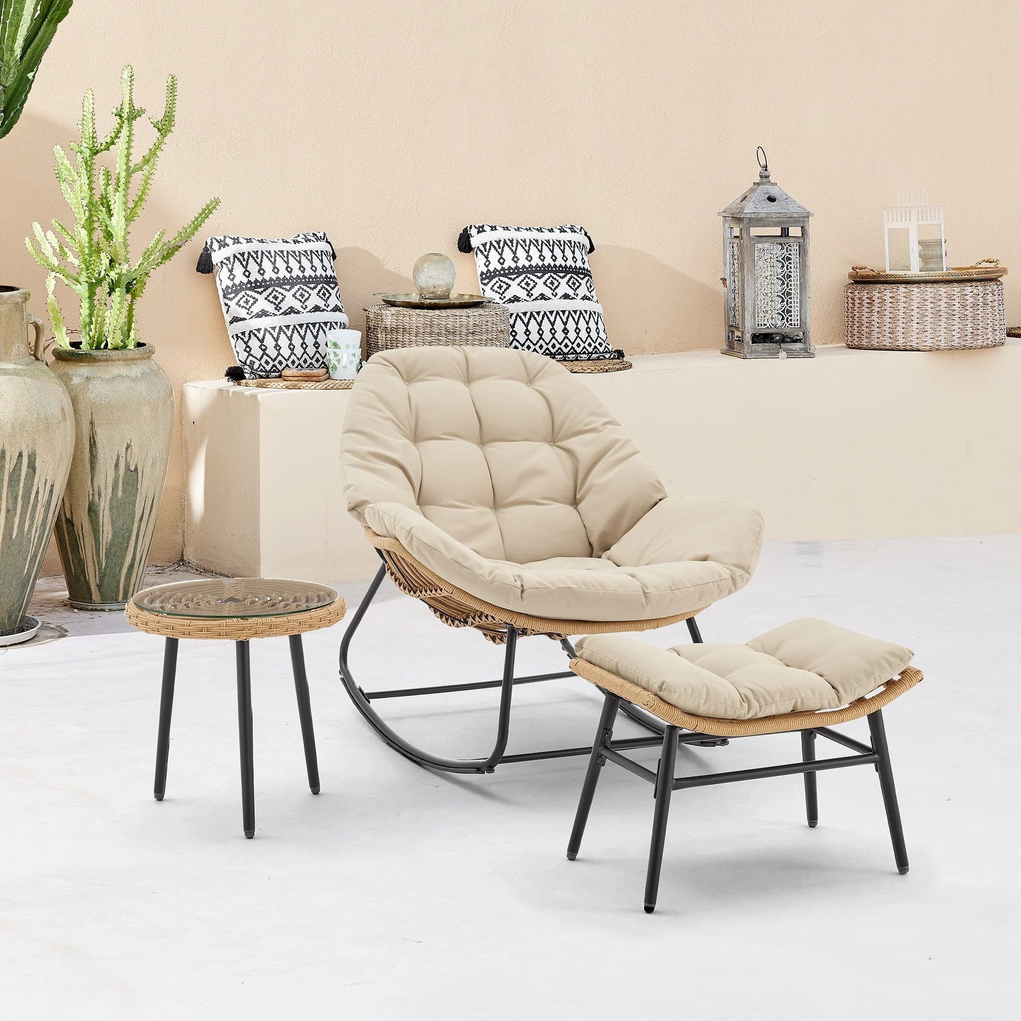 Benson 3-Piece Patio Rocking Chair with Ottoman and Table in Cream - Image 2