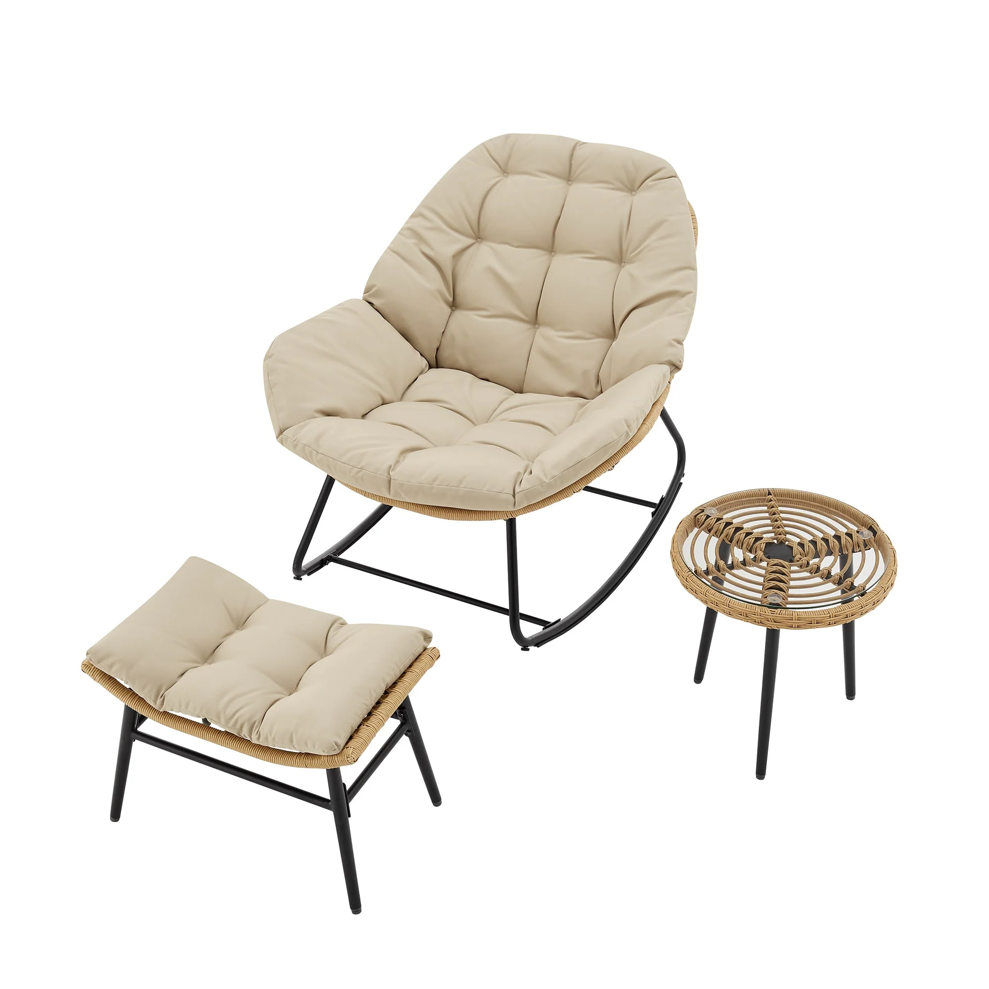 Benson 3-Piece Patio Rocking Chair with Ottoman and Table in Cream - Image 8