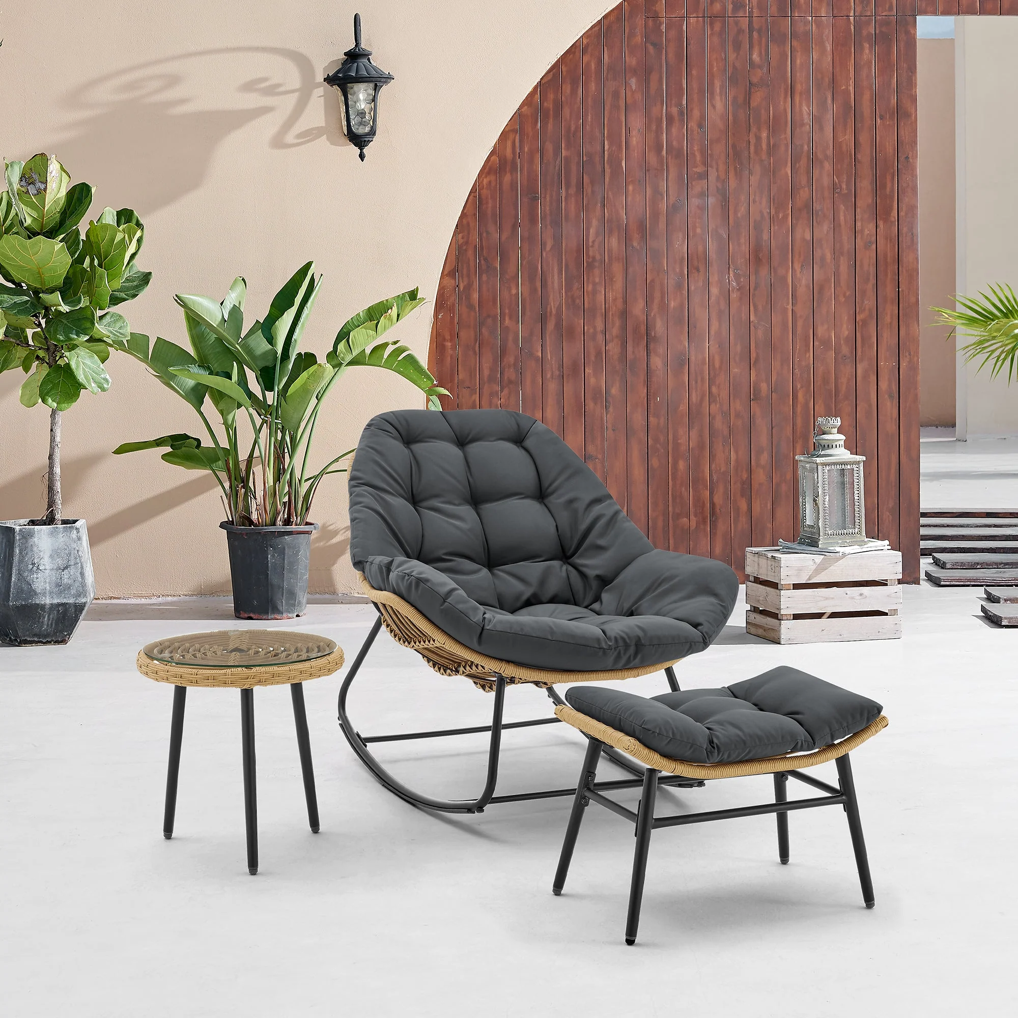 Benson 3-Piece Patio Rocking Chair with Ottoman and Table in Grey - Image 2