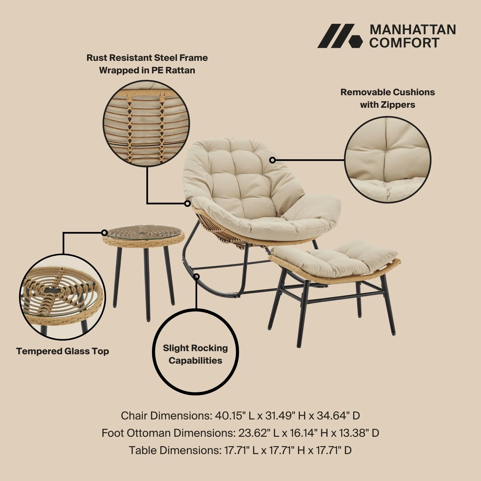 Benson 6-Piece Patio Rocking Chair Set with Ottomans and Tables in Cream - Image 4