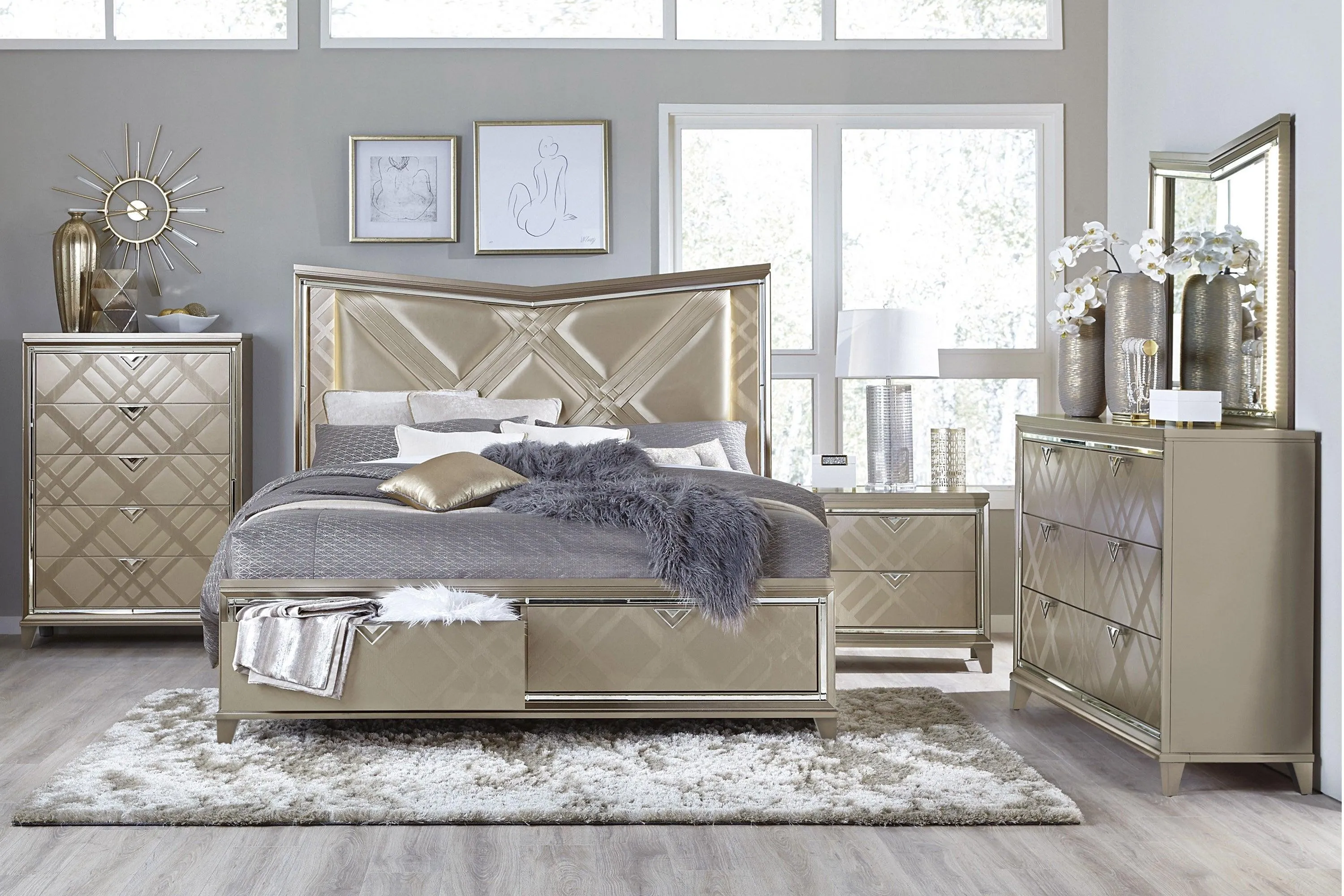 Bijou Champagne King LED Upholstered Storage Platform Bed - Image 2