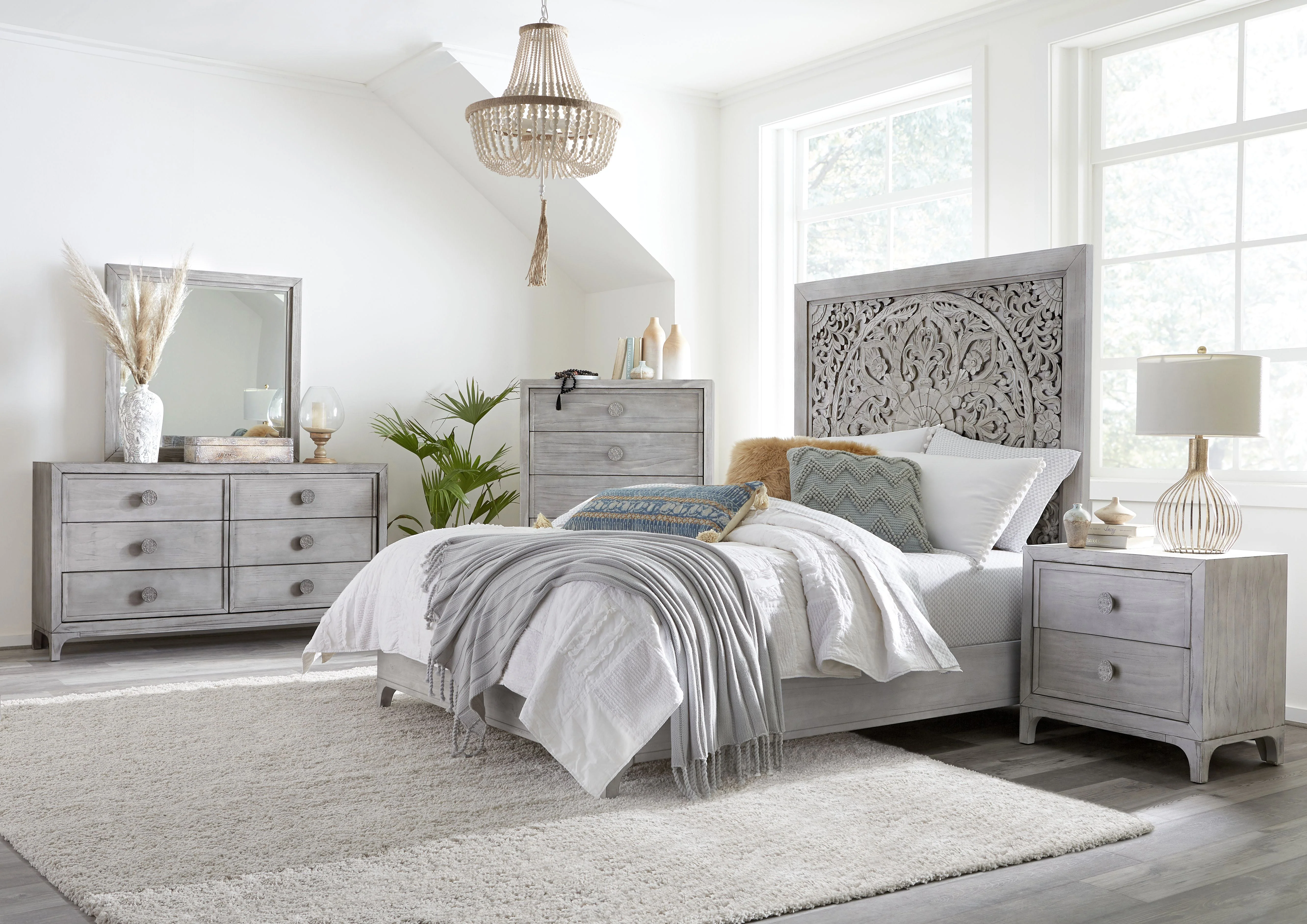 Boho Chic Carved California King Platform Bed in Washed White - Image 2