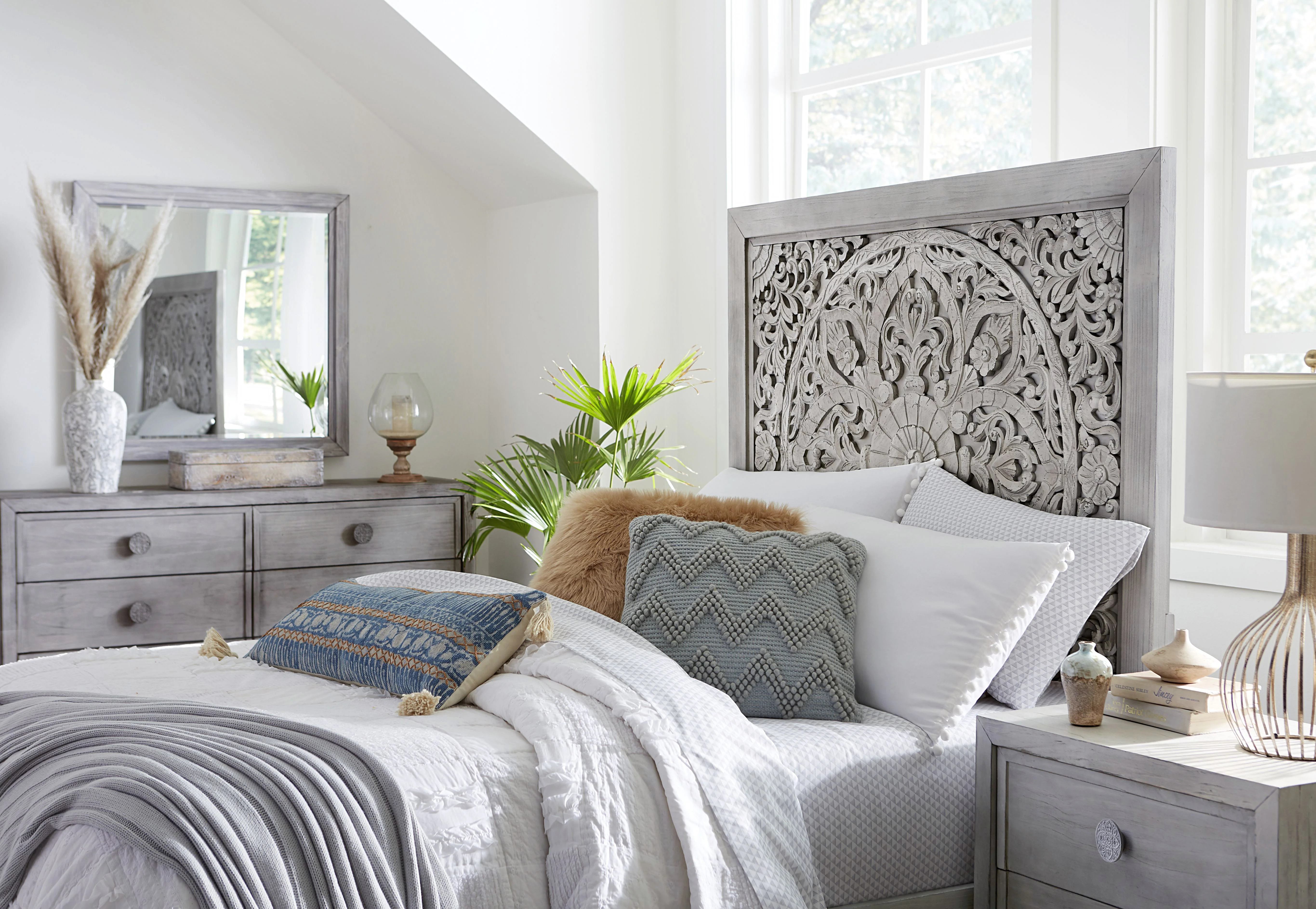 Boho Chic Carved California King Platform Bed in Washed White - Image 3