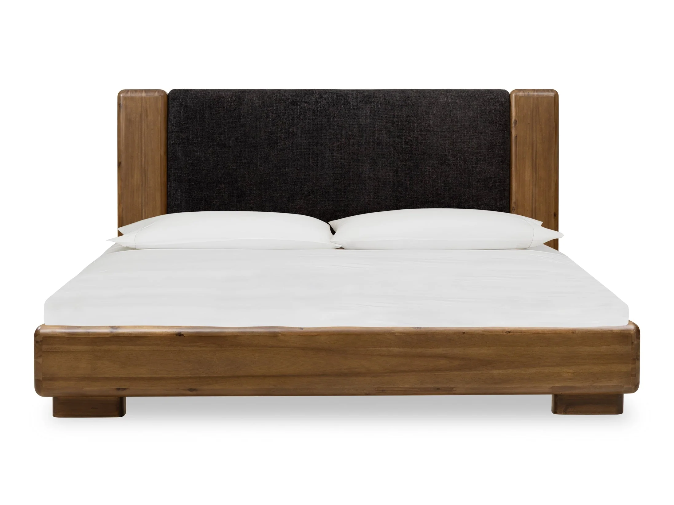 Boka Chenille Upholstered Acacia Wood Queen Platform Bed in Black and Impala