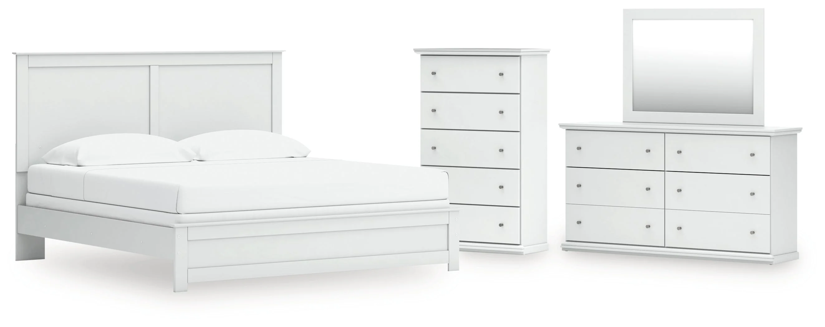 Bostwick Shoals King Panel Bed with Mirrored Dresser and Chest in White