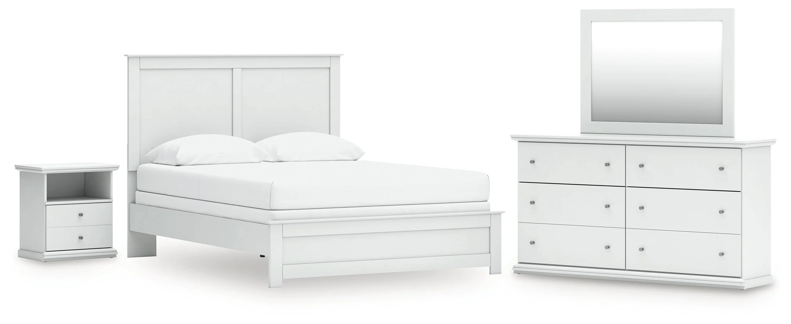 Bostwick Shoals Queen Panel Bed with Mirrored Dresser and Nightstand in White
