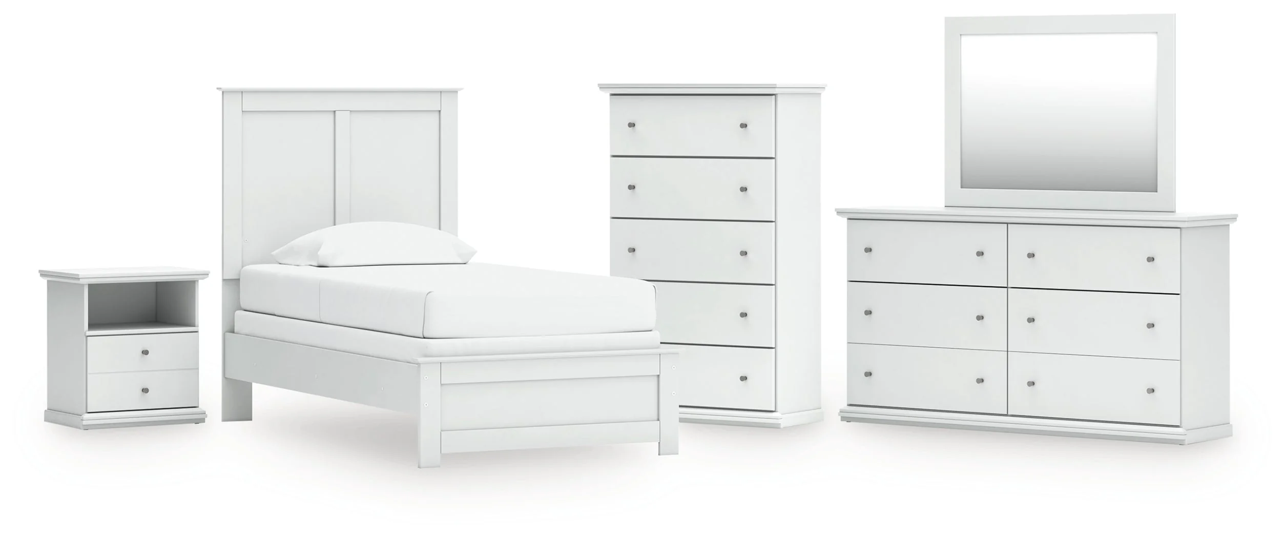 Bostwick Shoals Twin Panel Bed with Mirrored Dresser, Chest and Nightstand in White