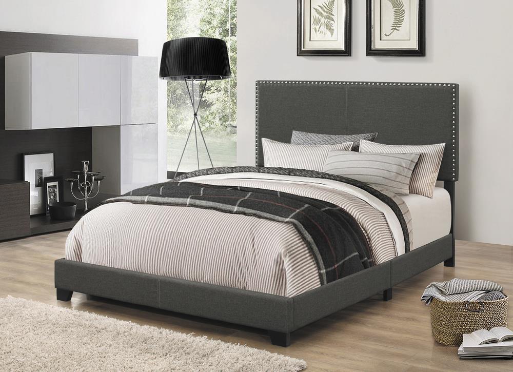 Boyd Charcoal Eastern King Upholstered Bed with Nailhead Trim