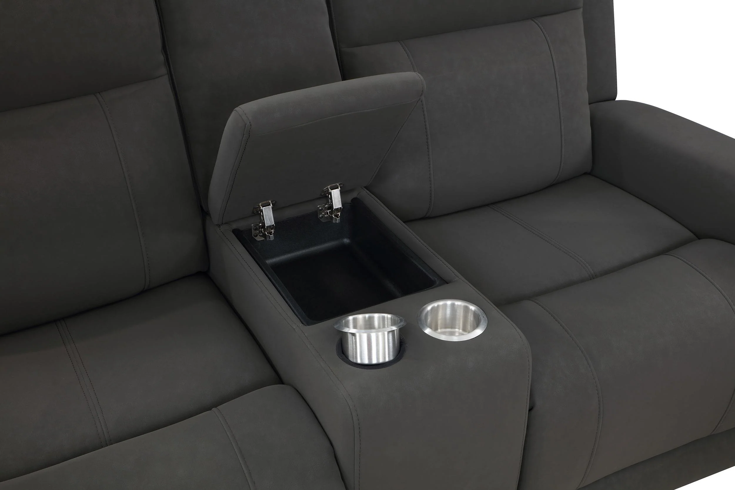 Brentwood Dark Charcoal Upholstered Motion Reclining Loveseat with Console - Image 11
