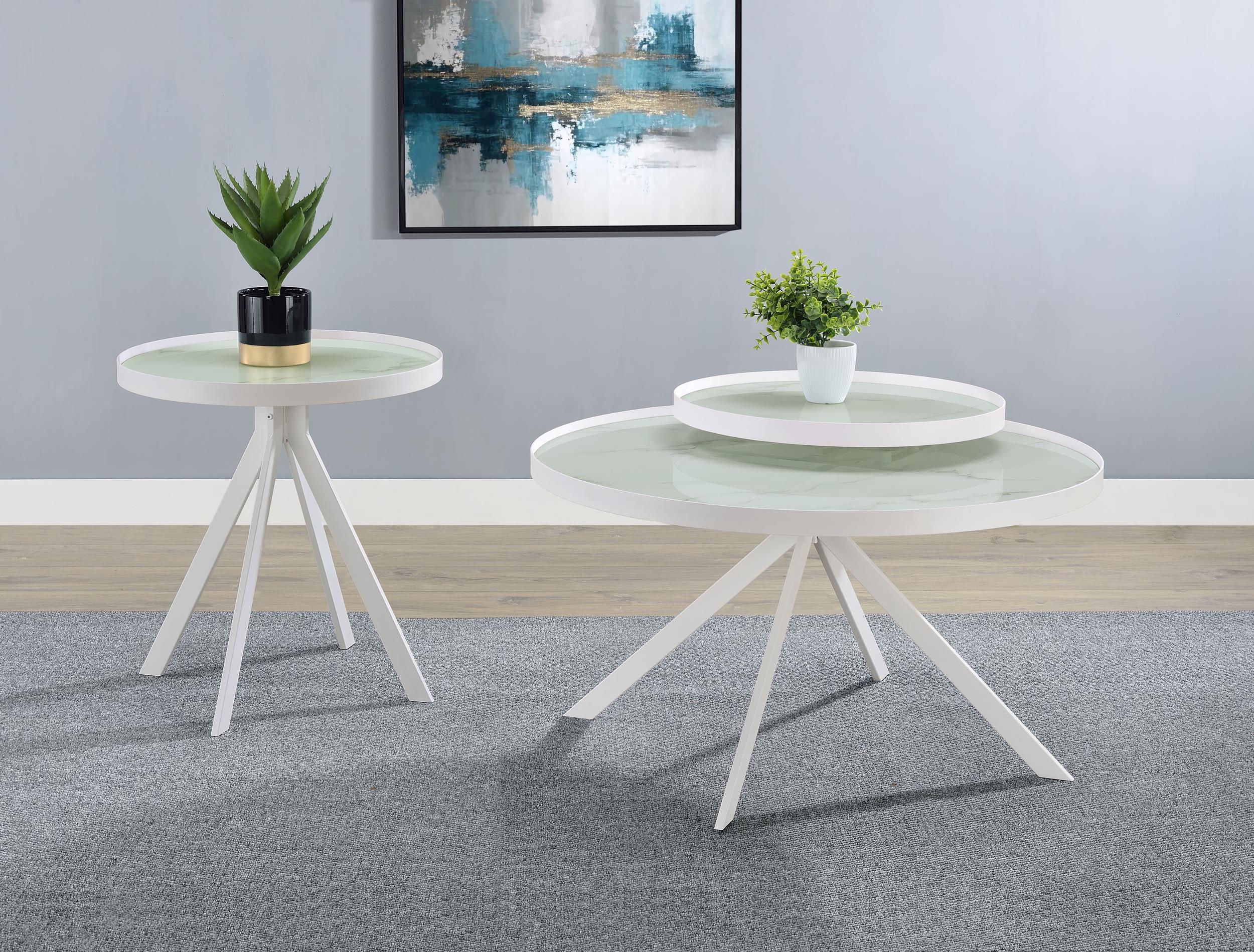 Briggs White Round Marble Printed Glass Top End Side Table - Image 2