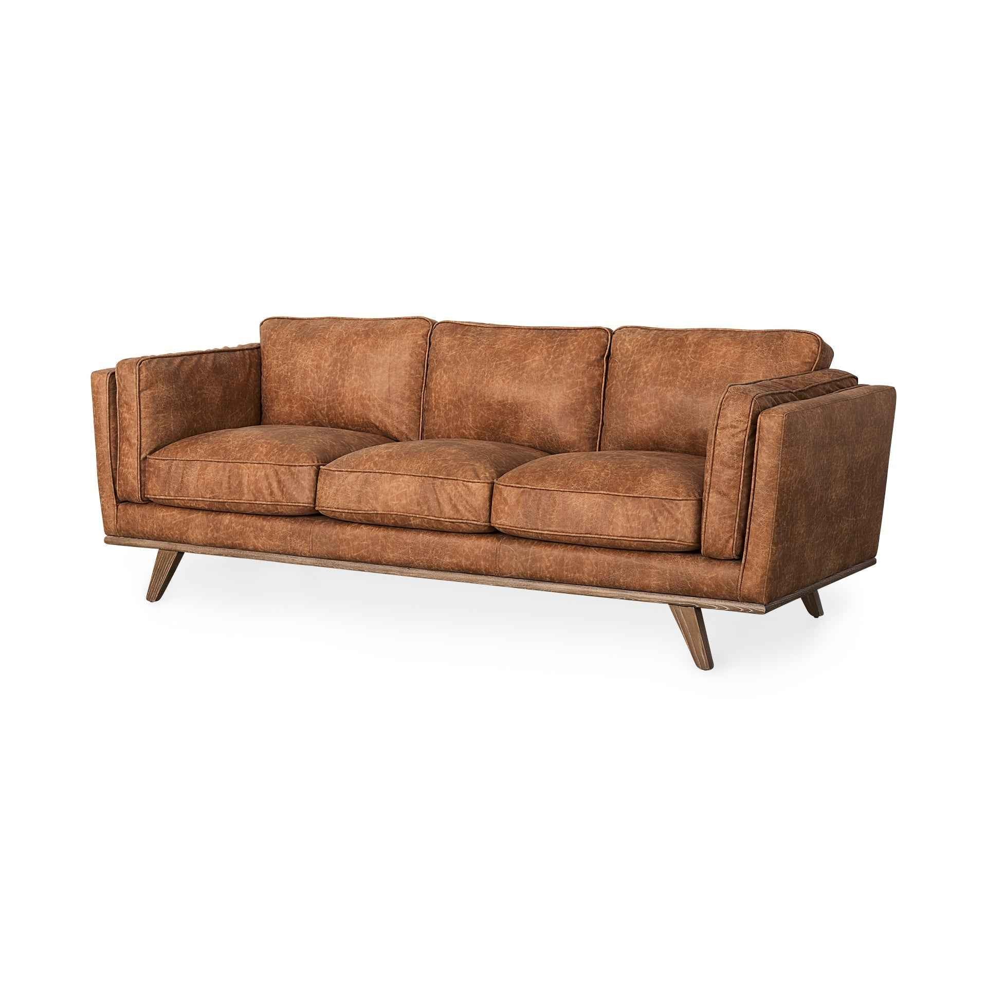Brooks Cognac Faux Leather Three Seater Sofa With Medium Brown Wooden Legs