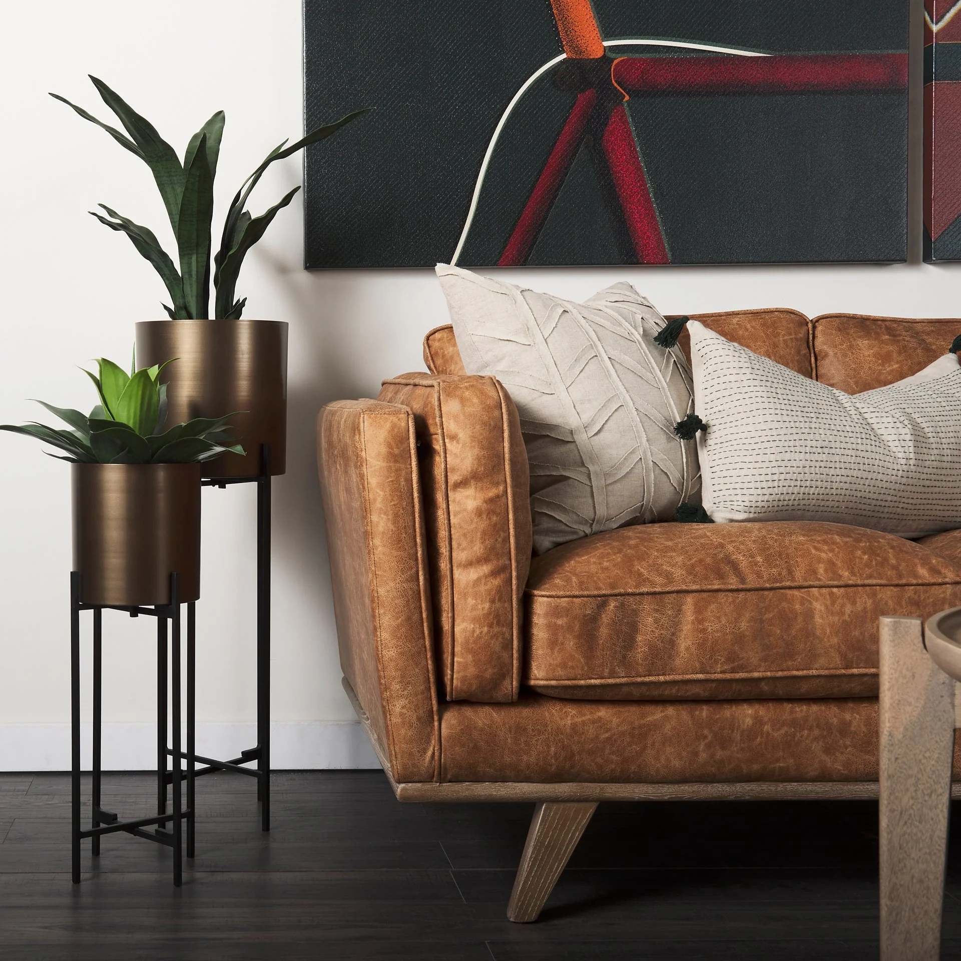 Brooks Cognac Faux Leather Three Seater Sofa With Medium Brown Wooden Legs - Image 10