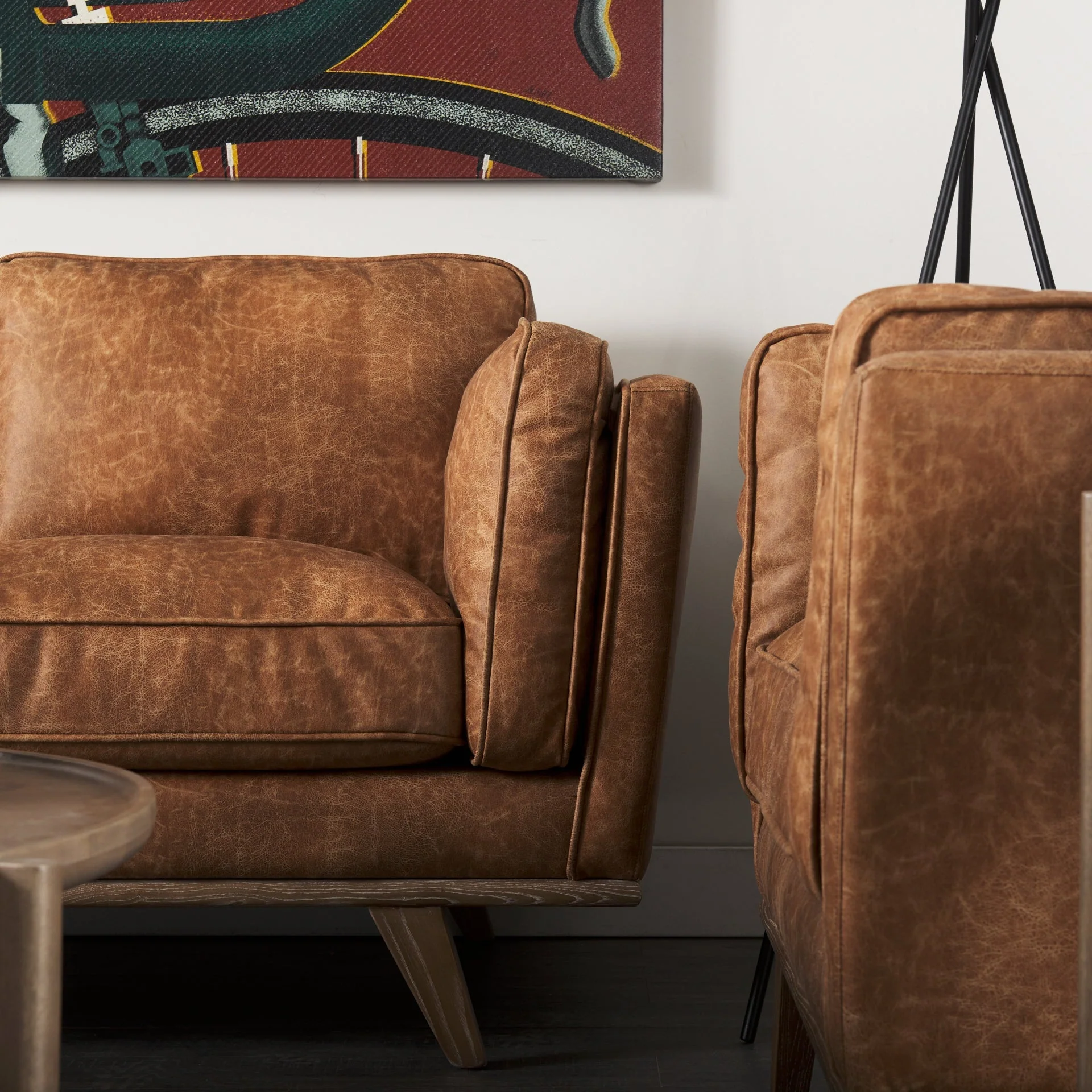 Brooks Cognac Faux Leather Three Seater Sofa With Medium Brown Wooden Legs - Image 11