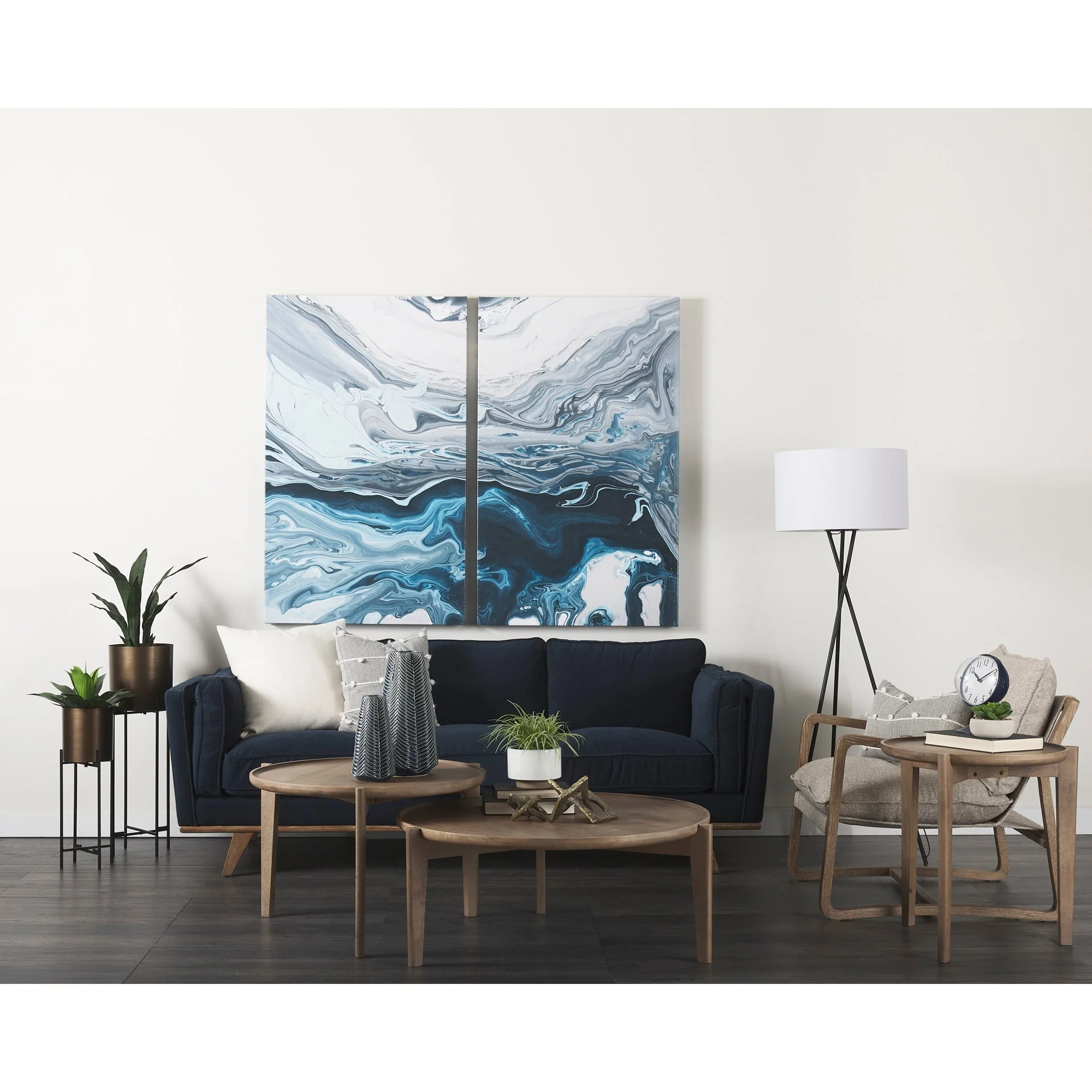 Brooks Navy Blue Fabric Three Seater Sofa With Medium Brown Wooden Legs - Image 10