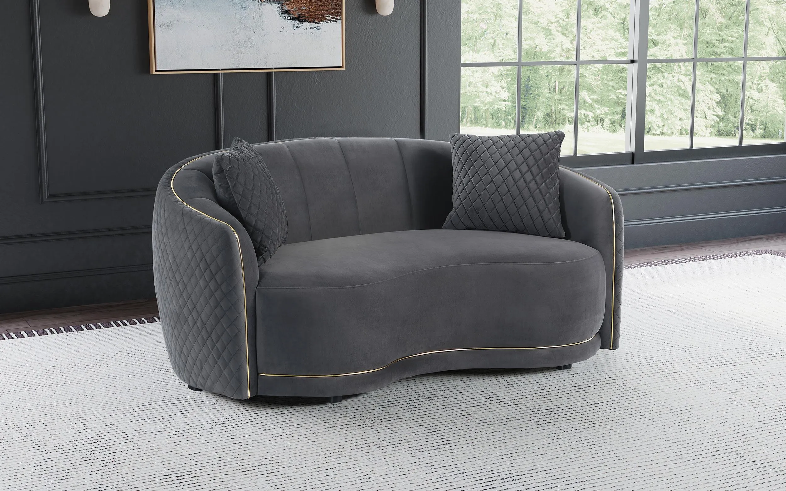 Brookside Dark Gray Velvet Upholstered Curved Loveseat