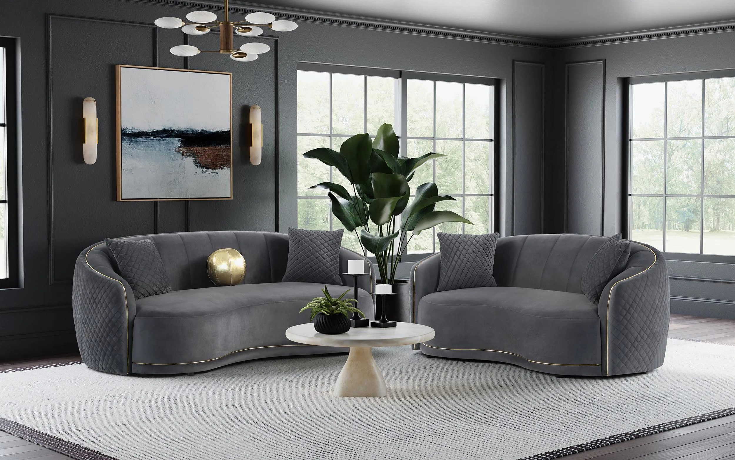 Brookside Dark Grey Velvet Upholstered Curved Sofa - Image 13