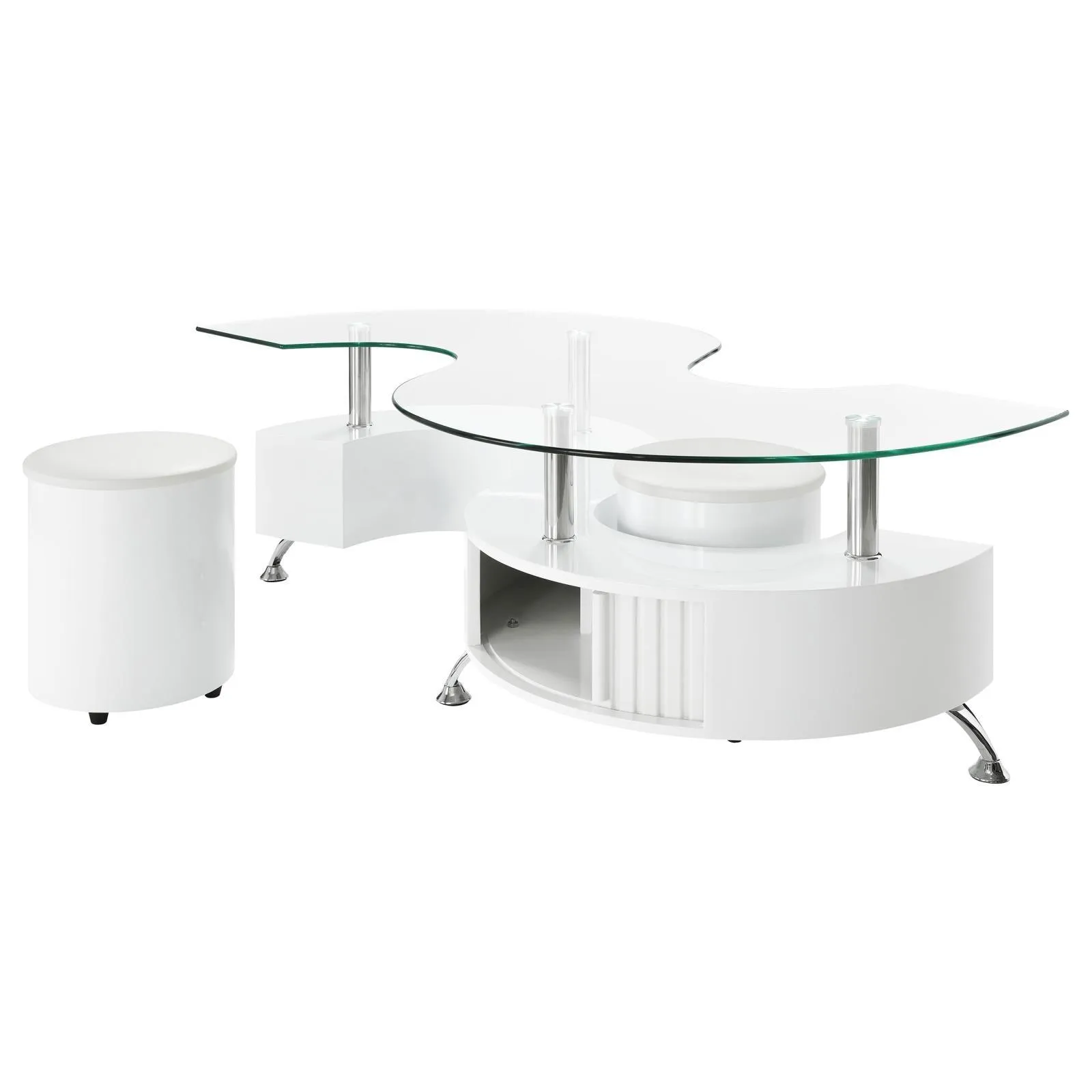 Buckley Curved Glass Top Coffee Table With Stools White High Gloss - Image 3