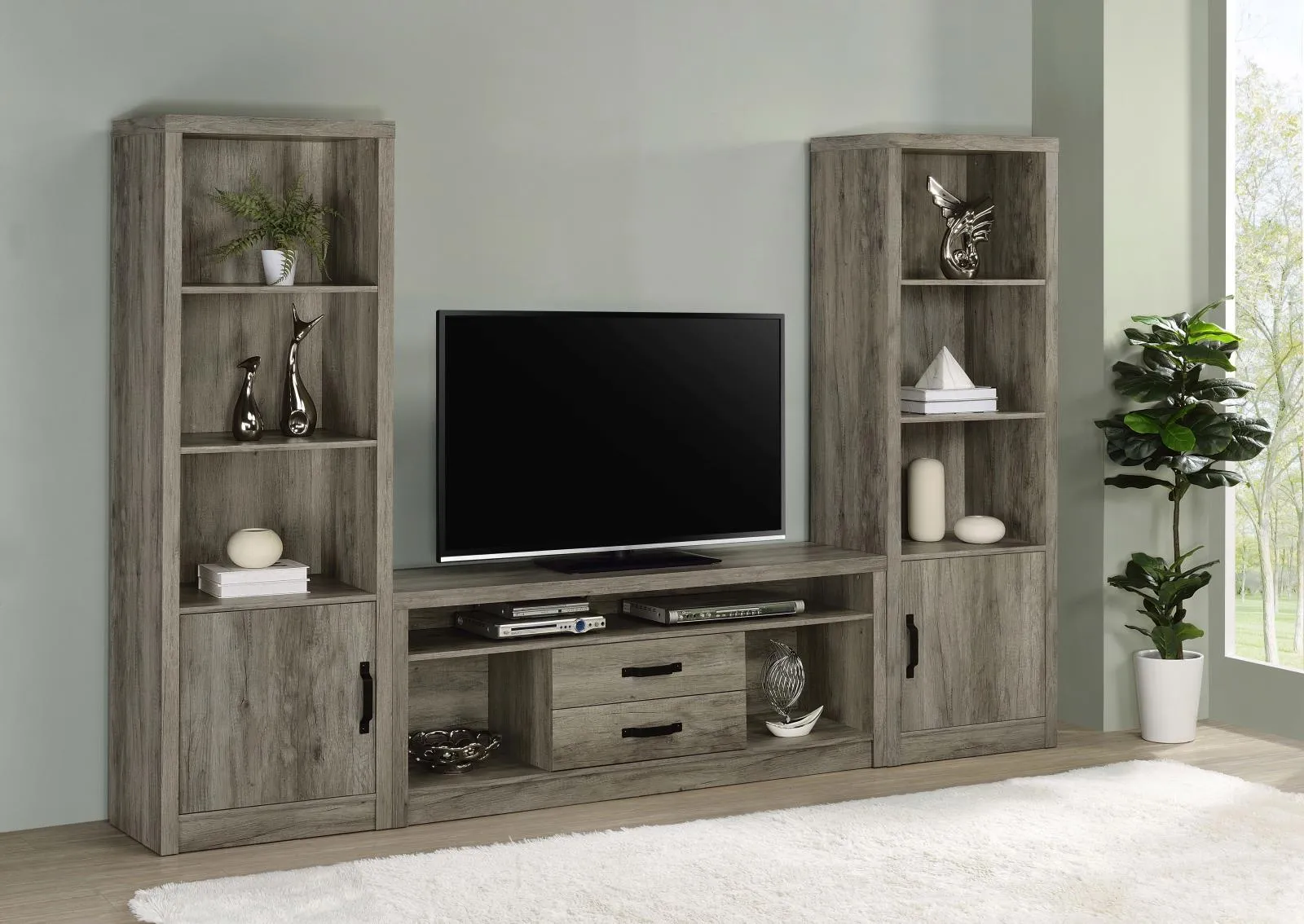 Burke Gray Driftwood 3-Shelf Media Tower With Storage Cabinet - Image 11