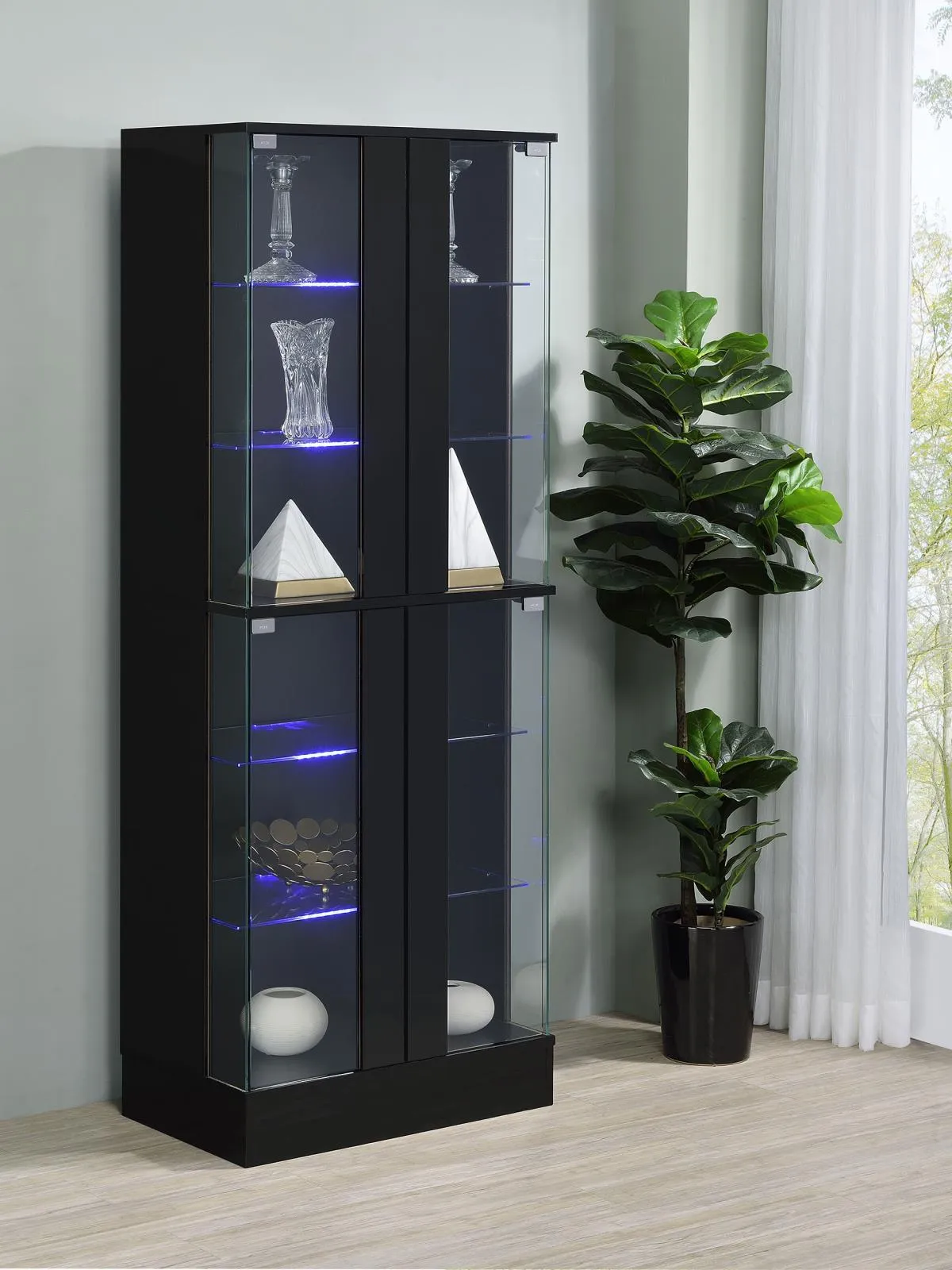 Cabra Display Case Curio Cabinet with Glass Shelves and LED Lighting Black High Gloss - Image 2