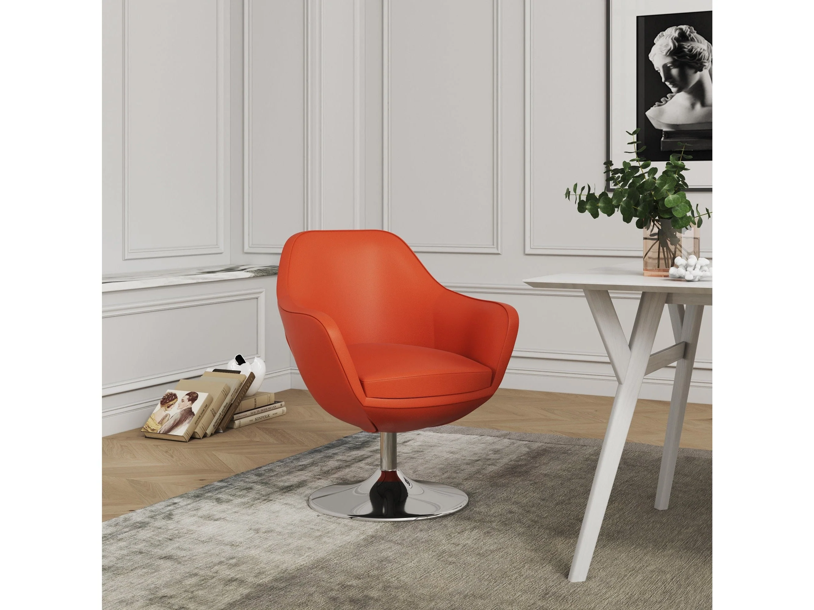 Caisson Faux Leather Swivel Accent Chair in Orange and Polished Chrome (set of 2)