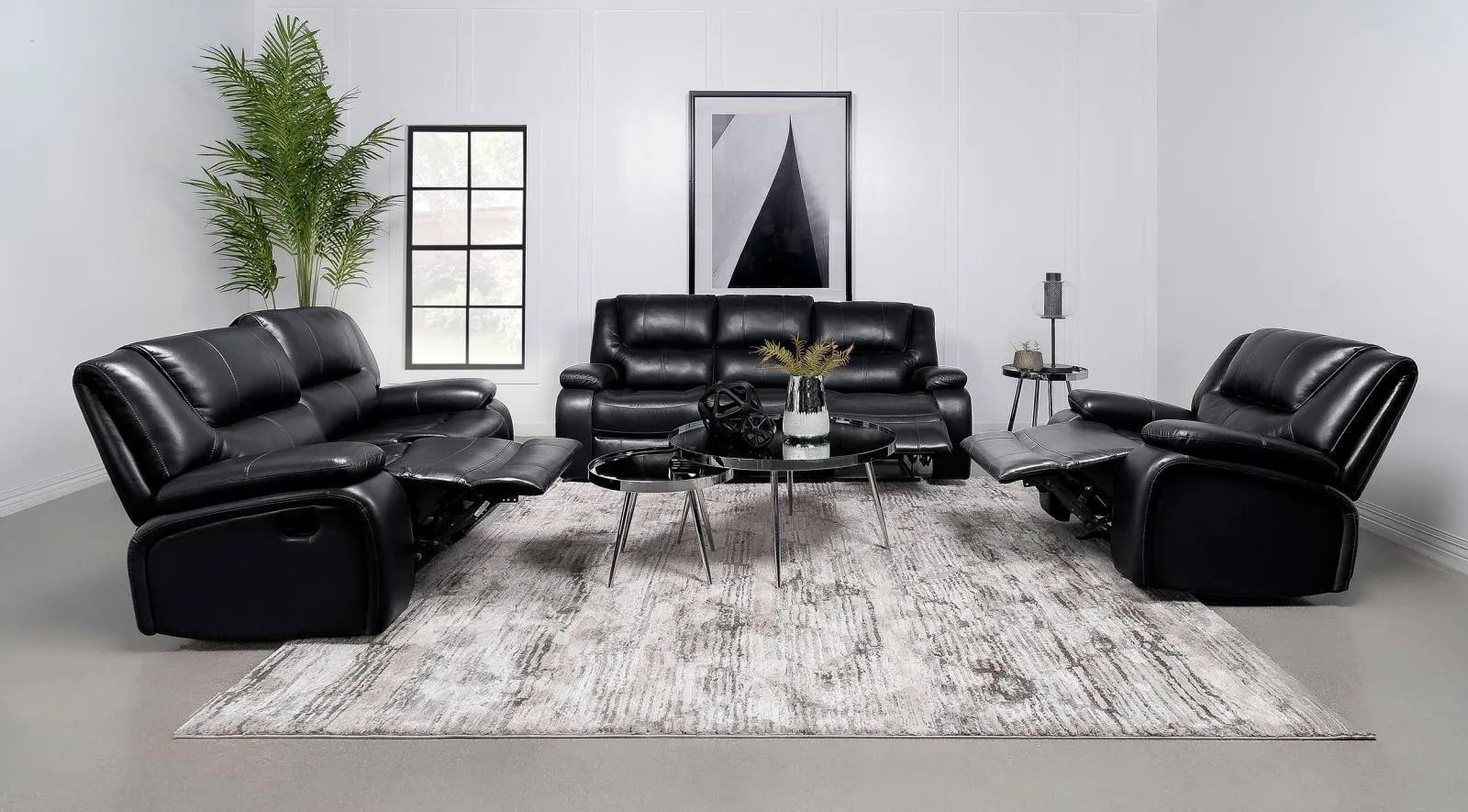 Camila Black 3-piece Upholstered Motion Reclining Sofa Set