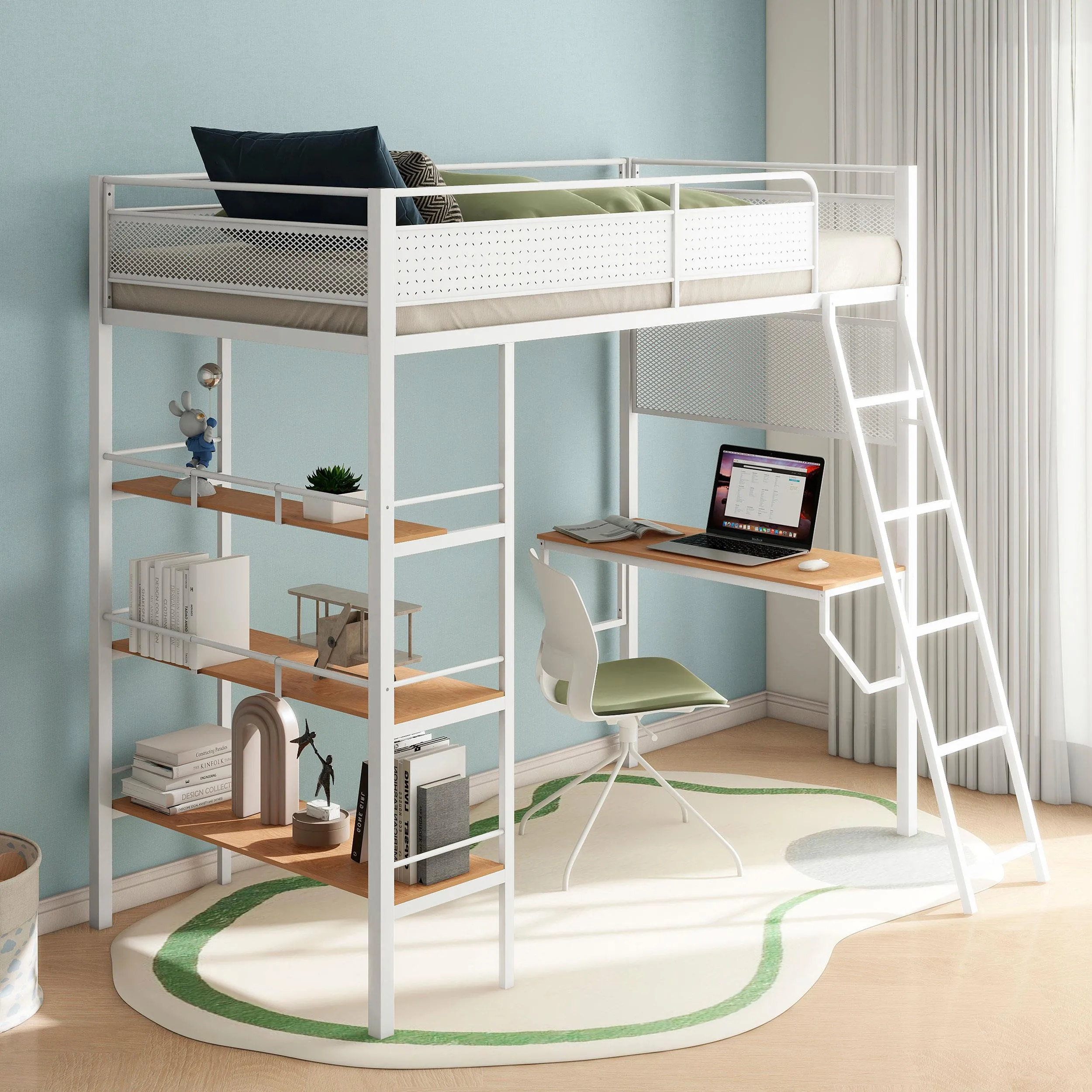 Campus Matte White 3-Shelf Metal Twin Workstation Loft Bed
