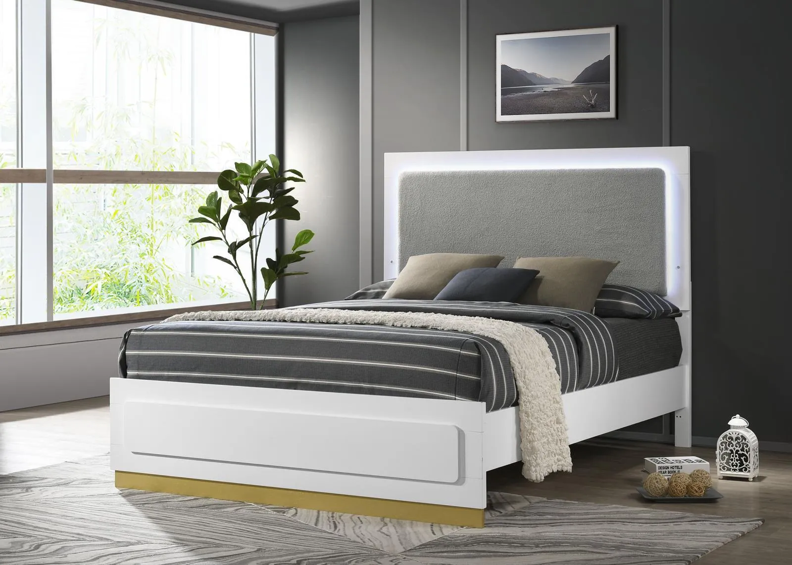 Caraway White and Grey Queen Bed with LED Headboard