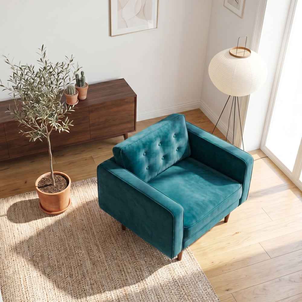 Casey Mid-Century Modern Pillow Back Velvet Upholstered Armchair in Teal - Image 4