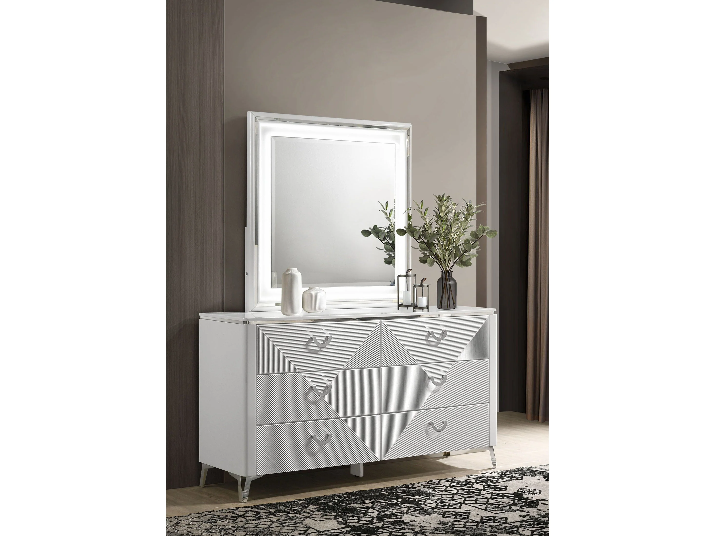 Cassia White High Gloss 6-drawer Dresser Cabinet with Mirror