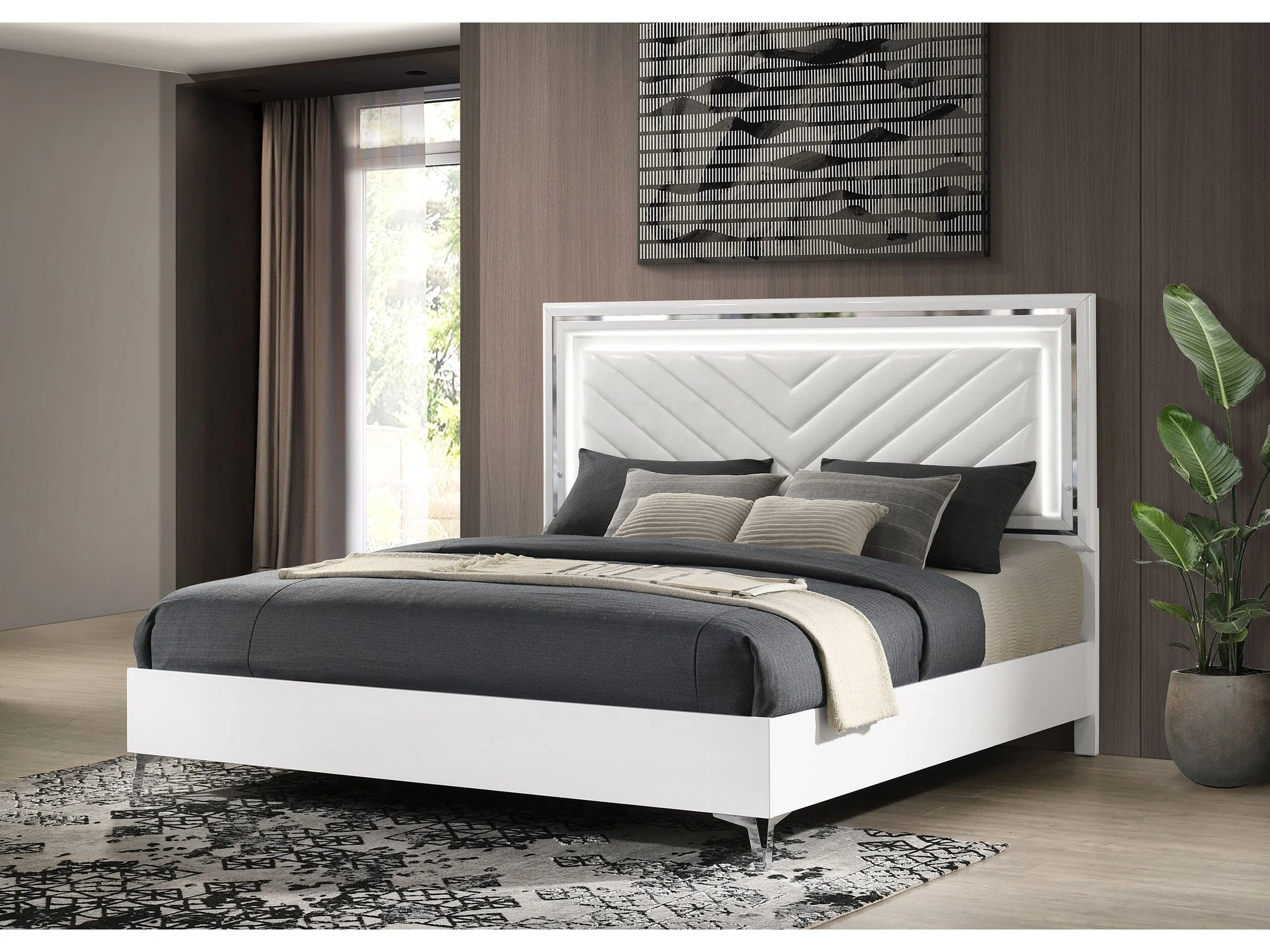 Cassia White High Gloss Eastern King LED Panel Bed