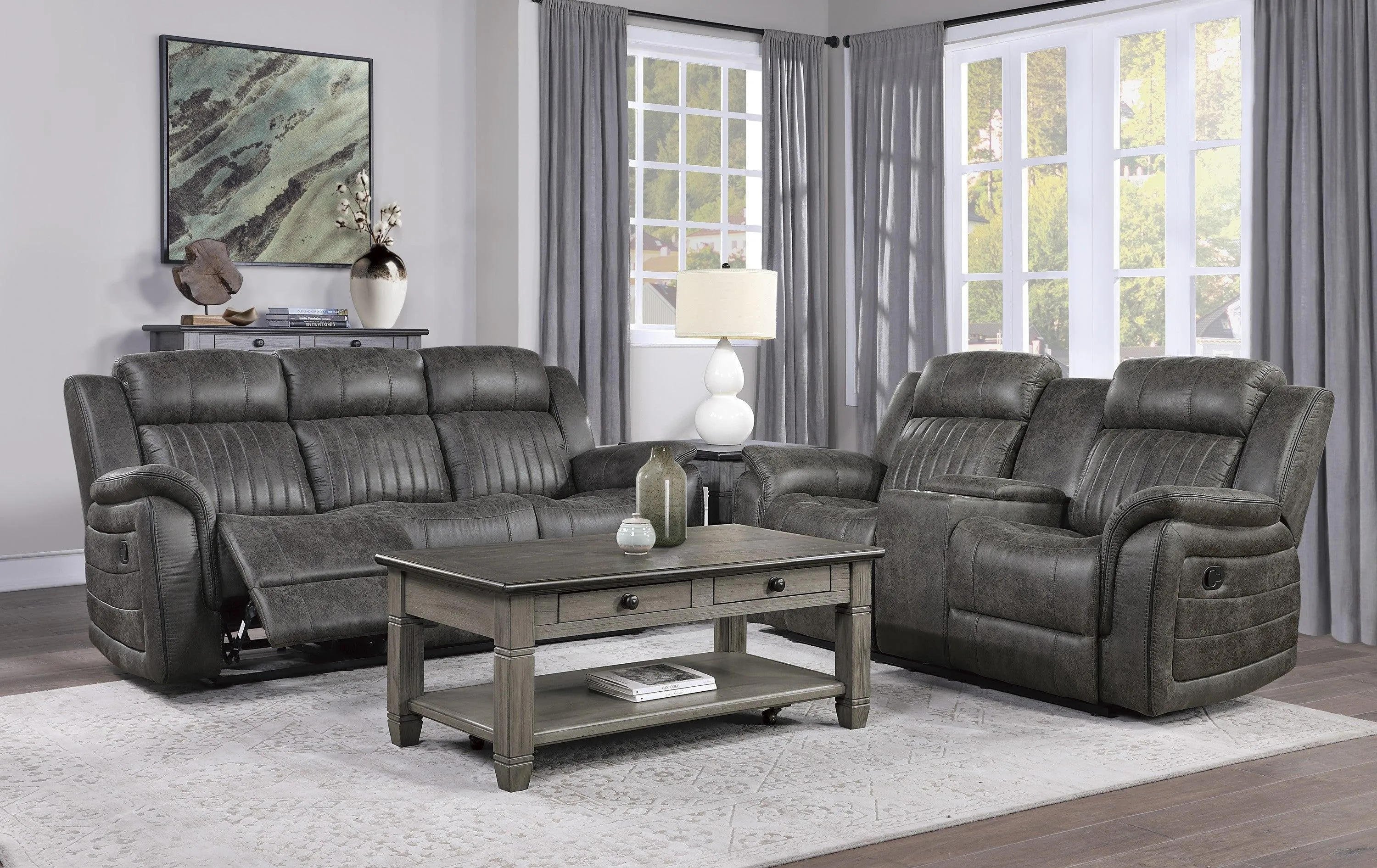 Centeroak Brownish Gray Double Reclining Sofa - Image 6