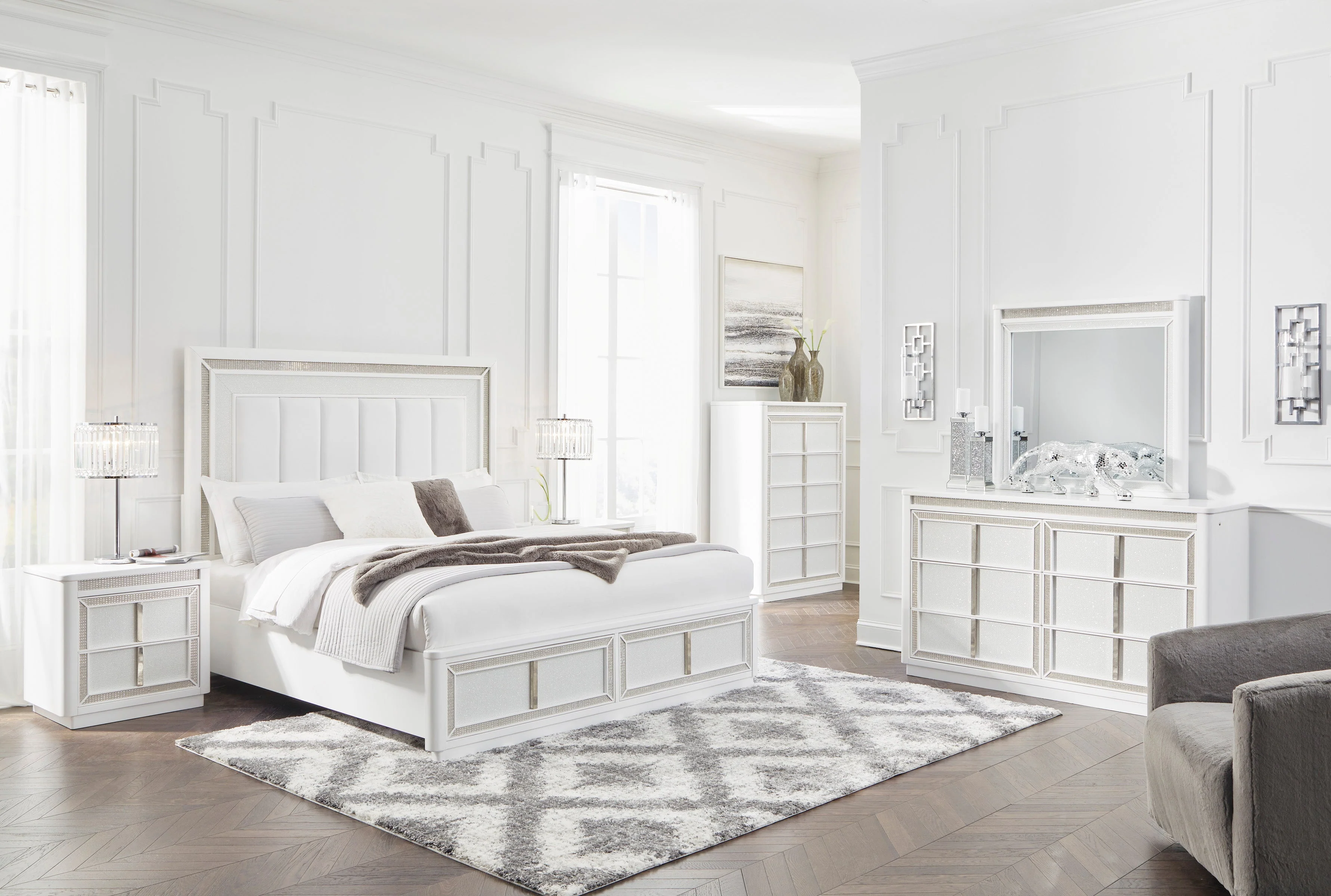 Chalanna White LED Upholstered Storage Platform Bedroom Set