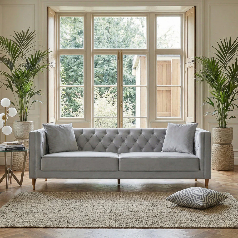 Chalky Living Room Tufted Velvet Upholstered Couch in Light Gray - Image 2