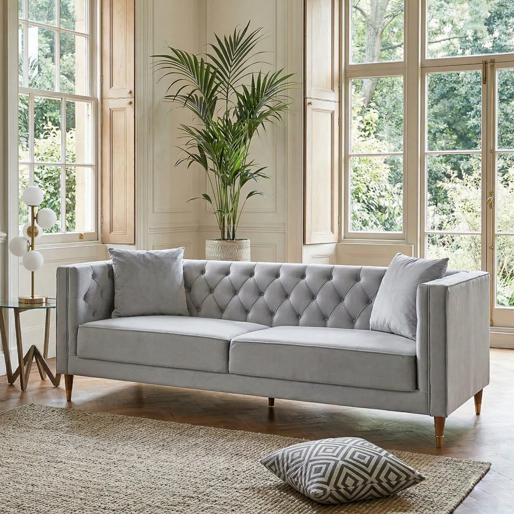 Chalky Living Room Tufted Velvet Upholstered Couch in Light Gray - Image 3