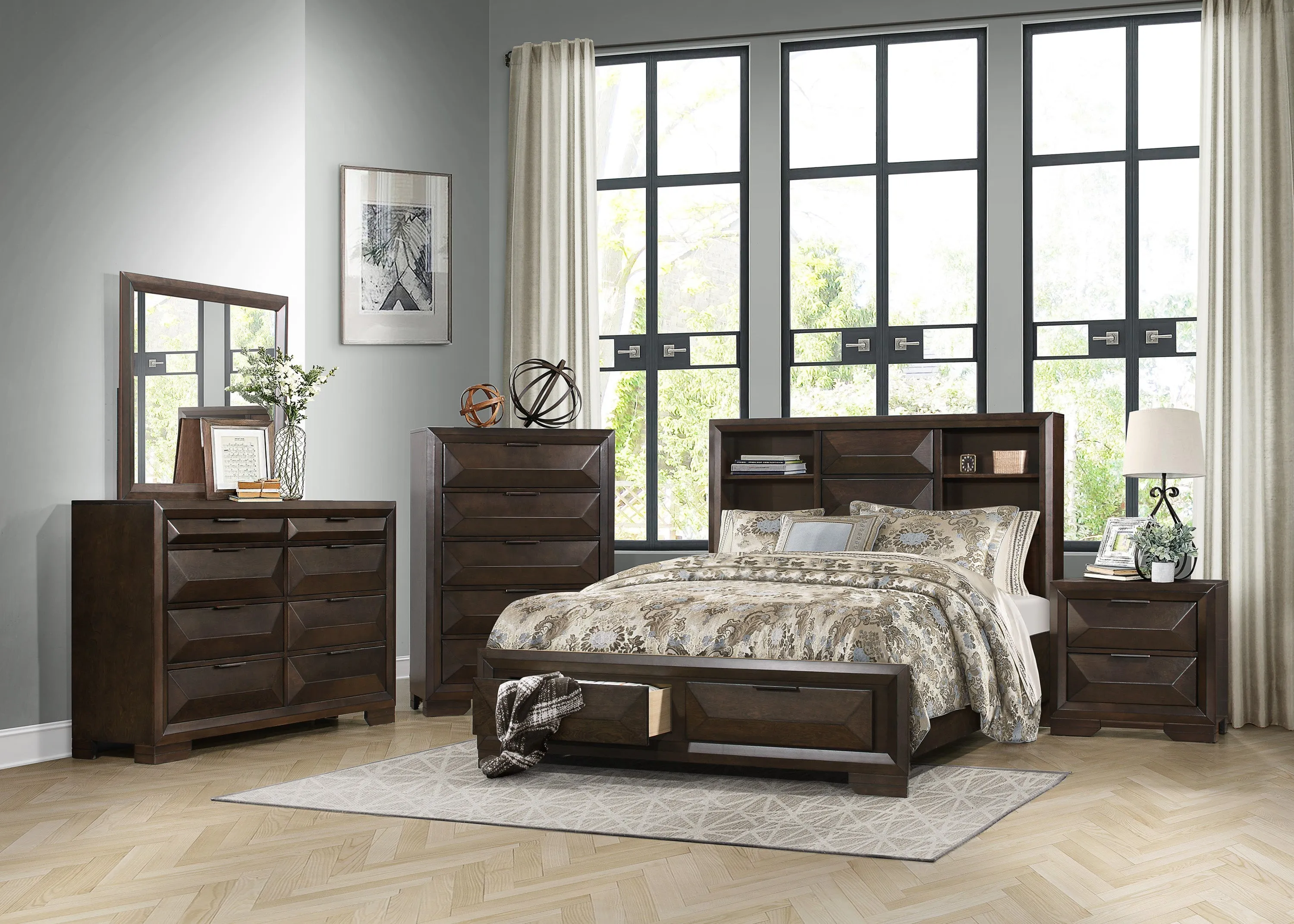 Chesky Warm Espresso Bookcase Storage Platform Bedroom Set