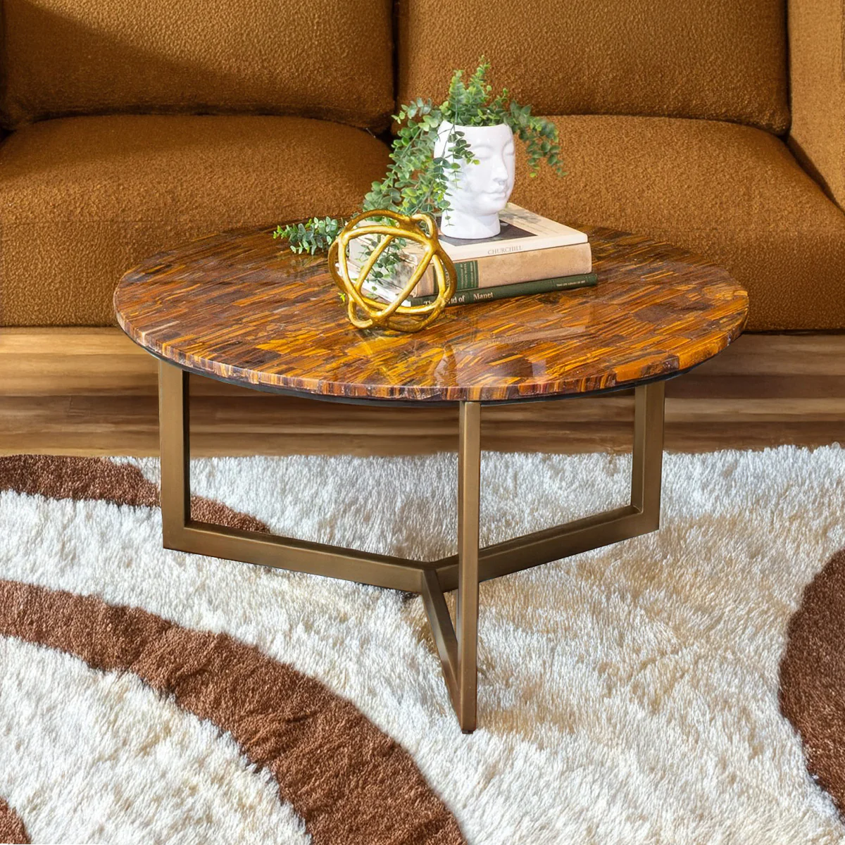 Calico 36" Coffee Table in Tiger Eye with Antique Gold Base - Image 5