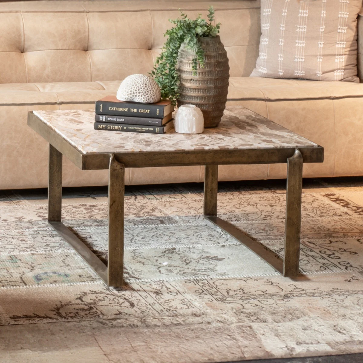 Argos 32" Coffee Table with Marble and Antique Brass