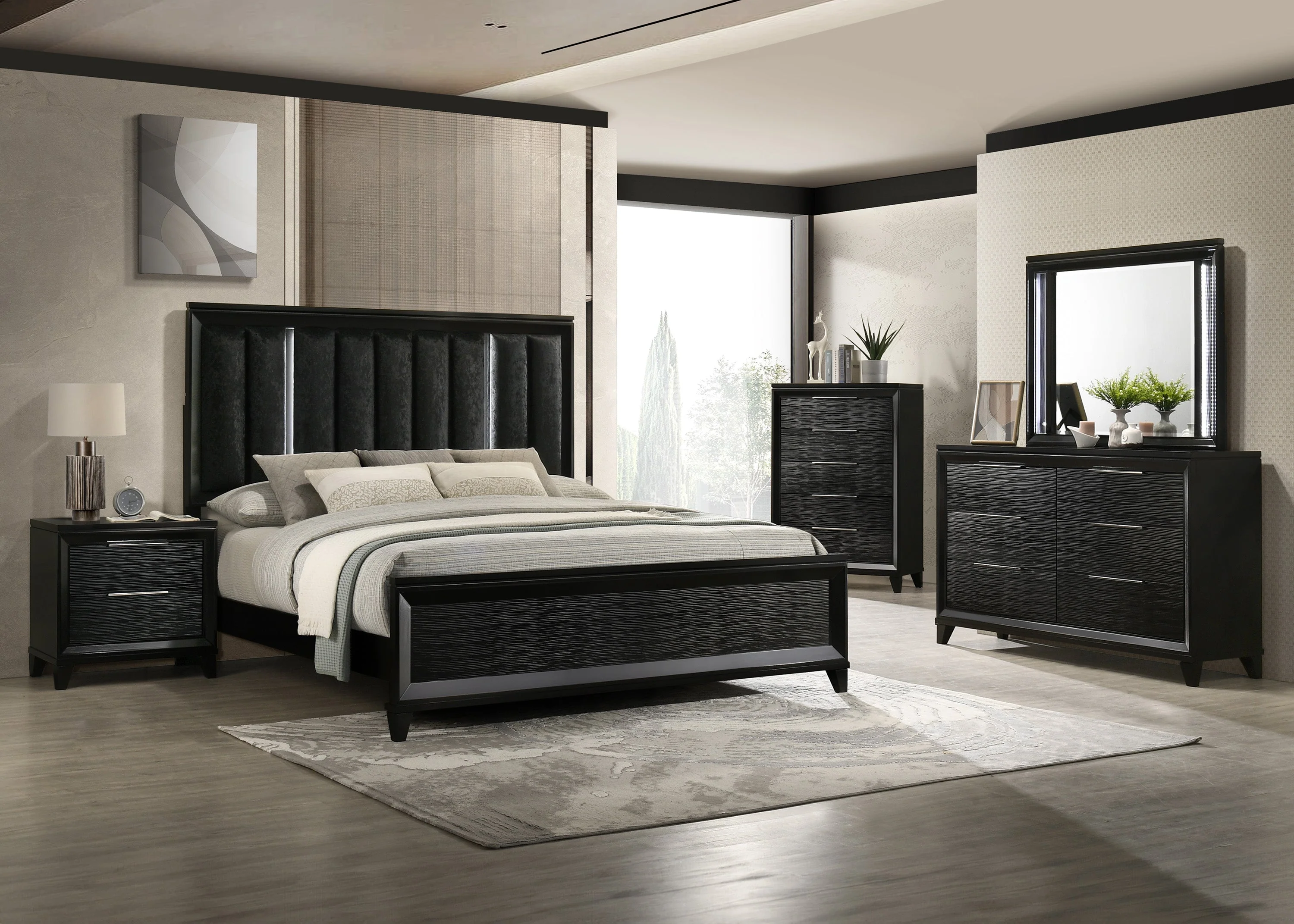 Cressida Black Upholstered LED Panel Bedroom Set