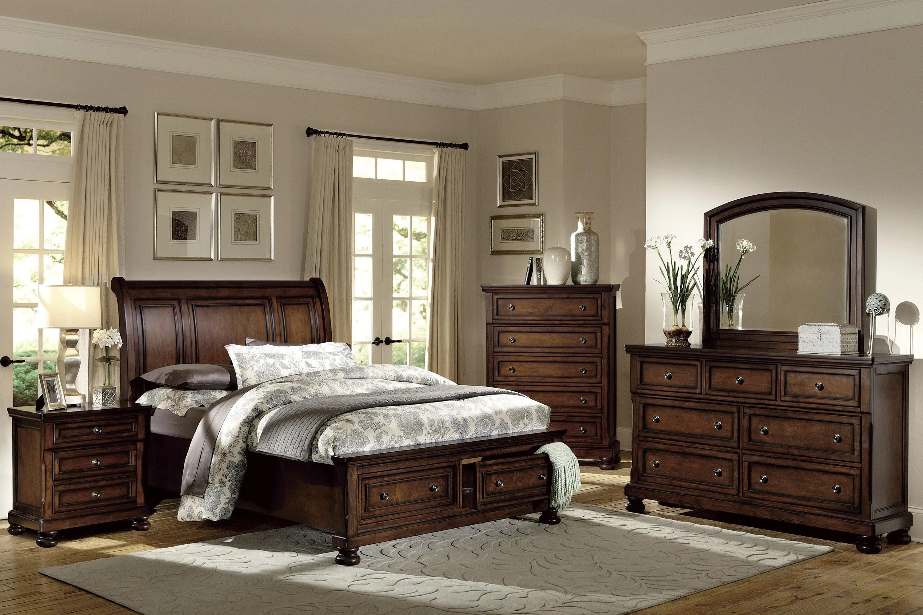 Cumberland Brown Cherry Queen Sleigh Storage Platform Bed - Image 2