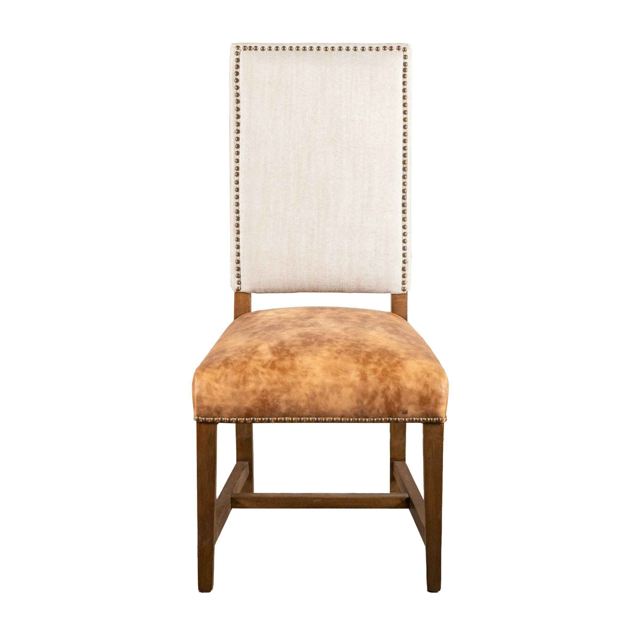 Darcy Dining Chair in Beige Linen and Warm Brown Leather with Earth Legs, Set of 2 - Image 2