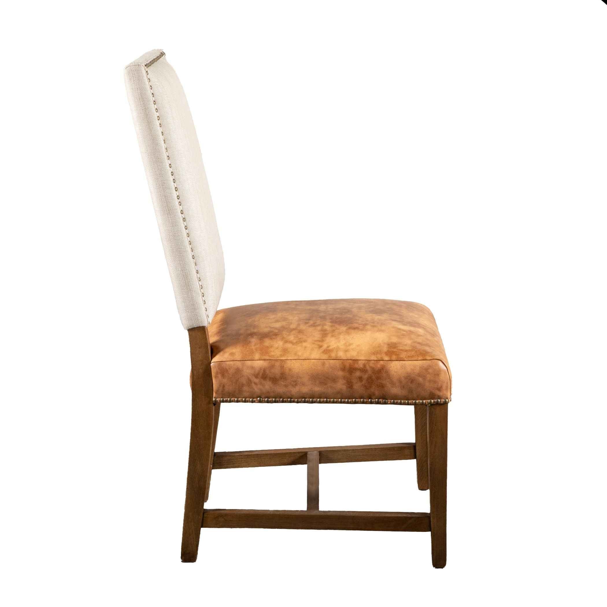 Darcy Dining Chair in Beige Linen and Warm Brown Leather with Earth Legs, Set of 2 - Image 3