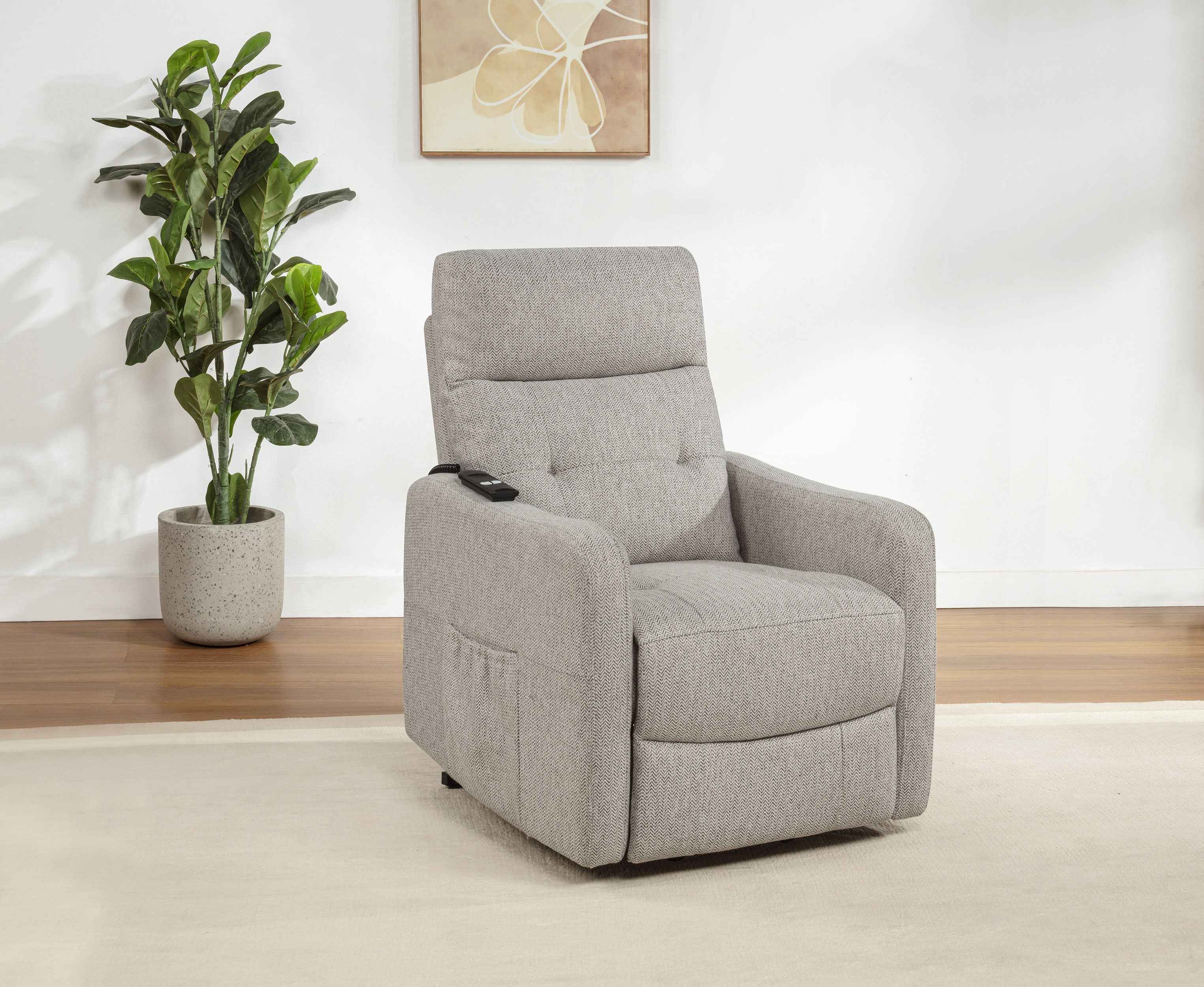 Dayes Taupe Upholstered Power Lift Recliner Chair