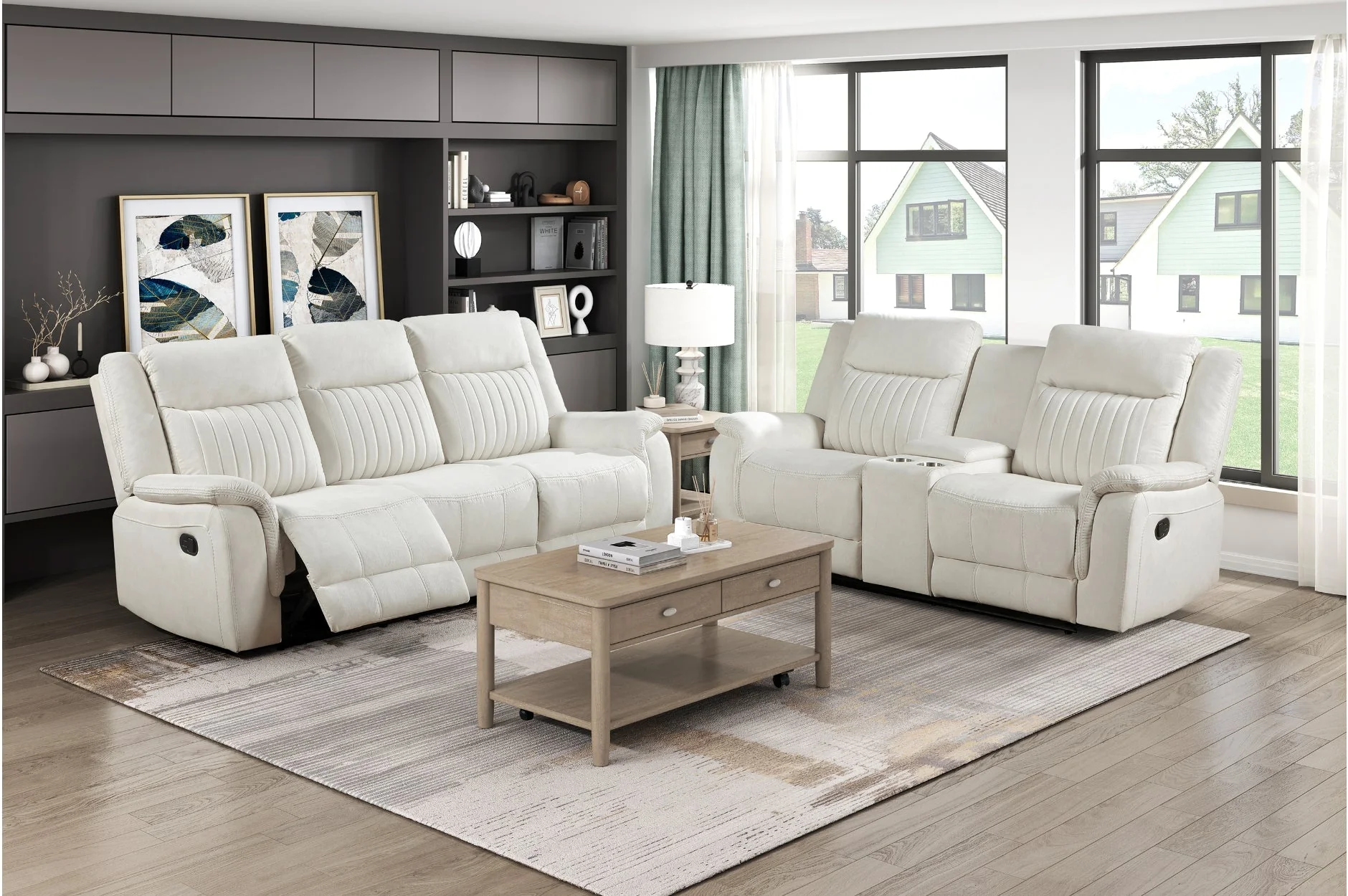 Dean Beige Double Reclining Loveseat with Center Console - Image 2