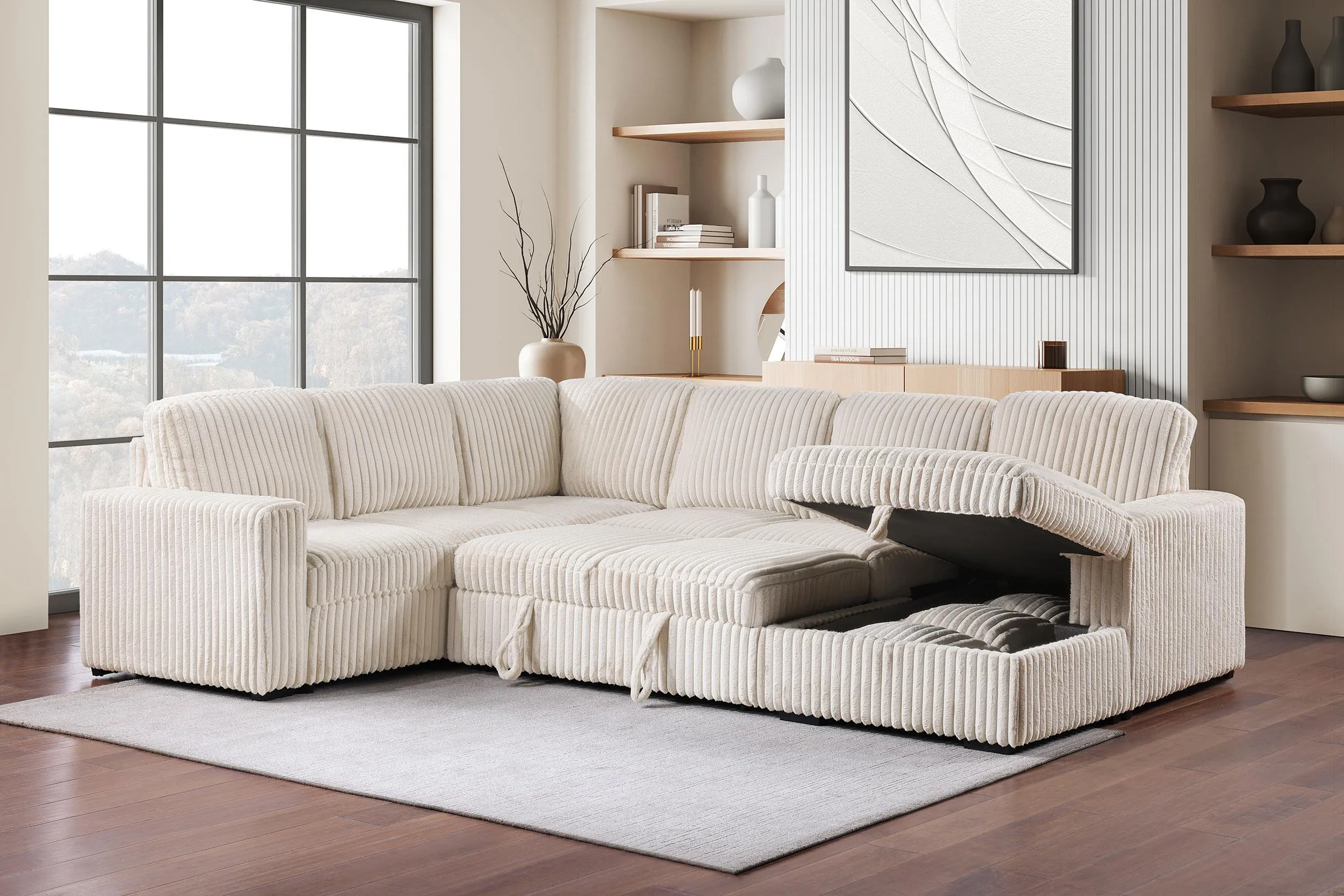 Devonshire Camel Sleeper Sectional Sofa Storage Chaise - Image 4