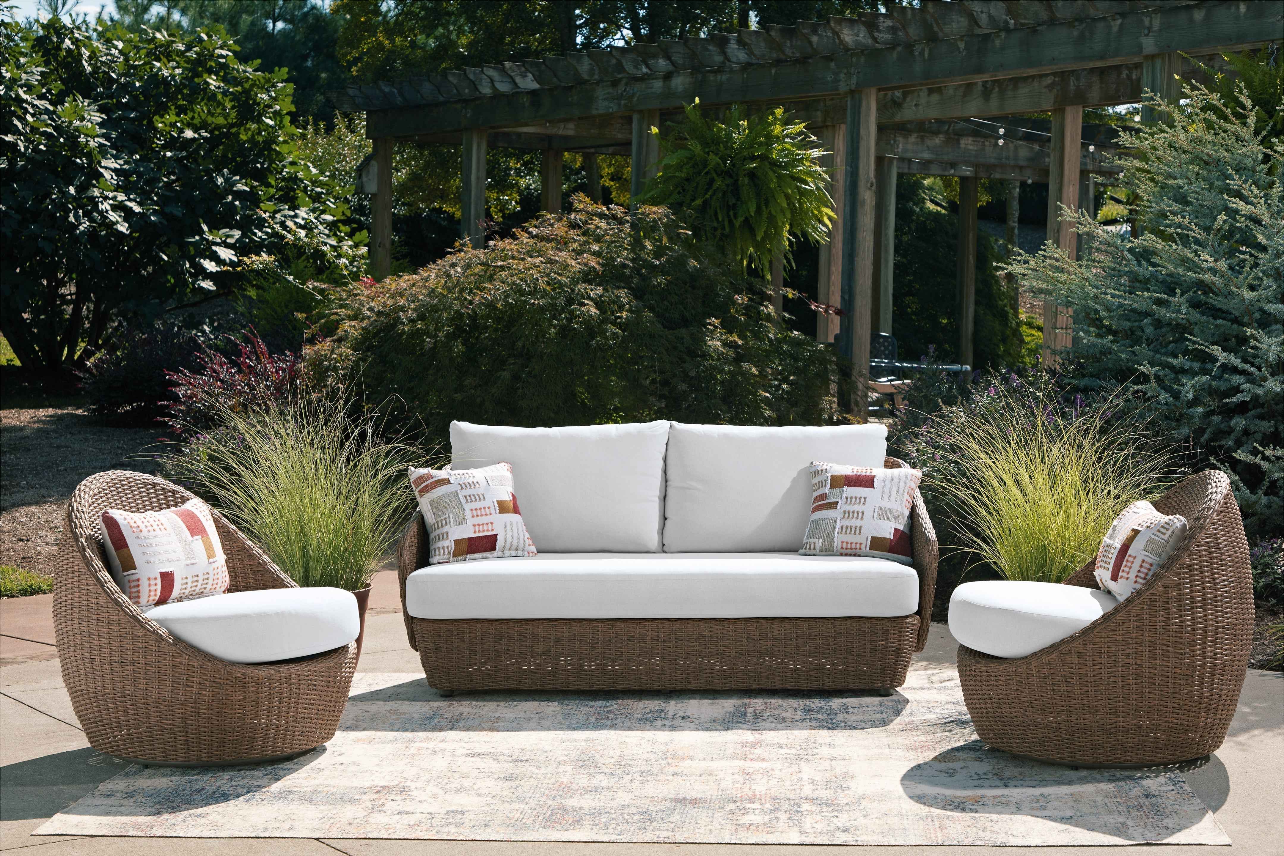 Double Point Beige Outdoor Loveseat with 2 Swivel Chairs (Set of 3)