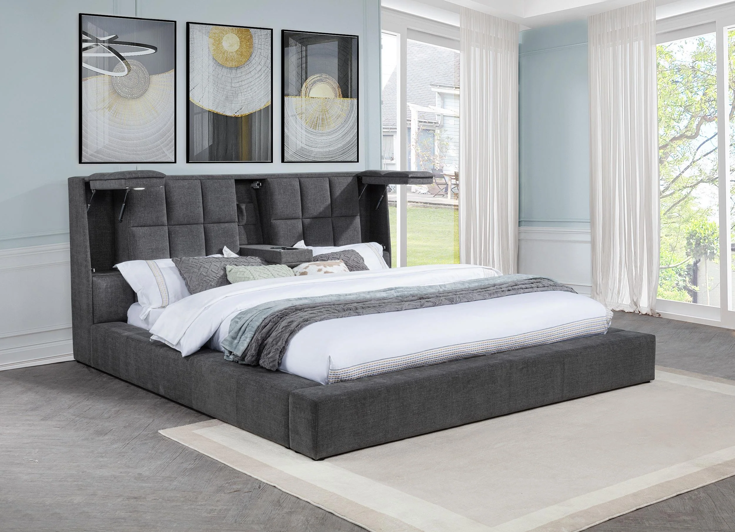 Dreux Gray Upholstered California King Panel Platform Bed - Image 2
